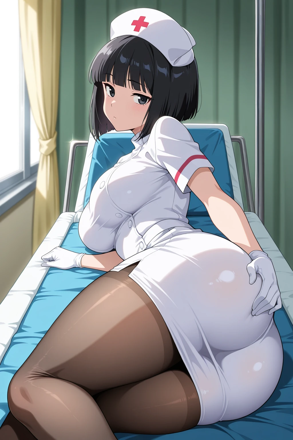 (Highest quality:1.2),(Perfect beautiful face:1.2),(Perfect and beautiful posture:1.2),Lying in bed, ((Sweaty female nurse, Wearing a white nurse uniform, Sweaty sporty pants, Black Hair Ponytail Hair, ((sweat stain))),((from below)), The smell of stinky armpits