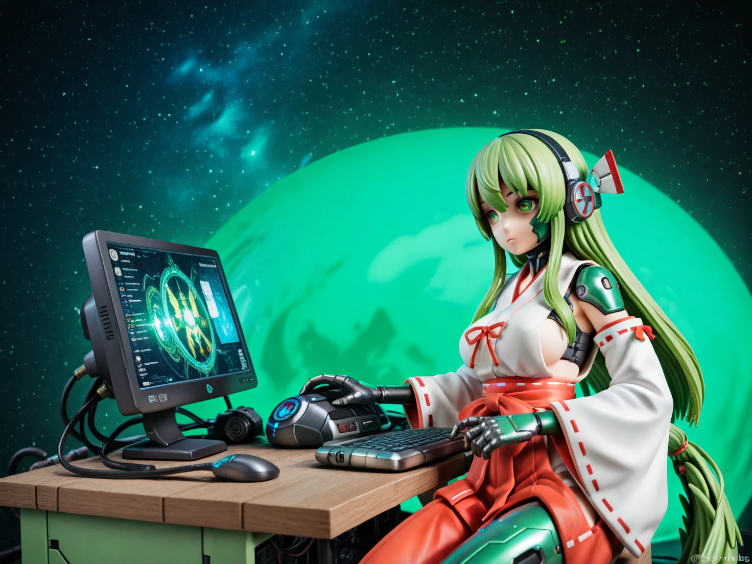 Elf(Maid clothes(kimono) tropical tropicalジュース(tray) Tavern(Adventurer) cyber punk Green light swirling(hologram) Multiple monitors behind(Streaming screen magic circle) Adventurer Medieval Fantasy smile night comics)