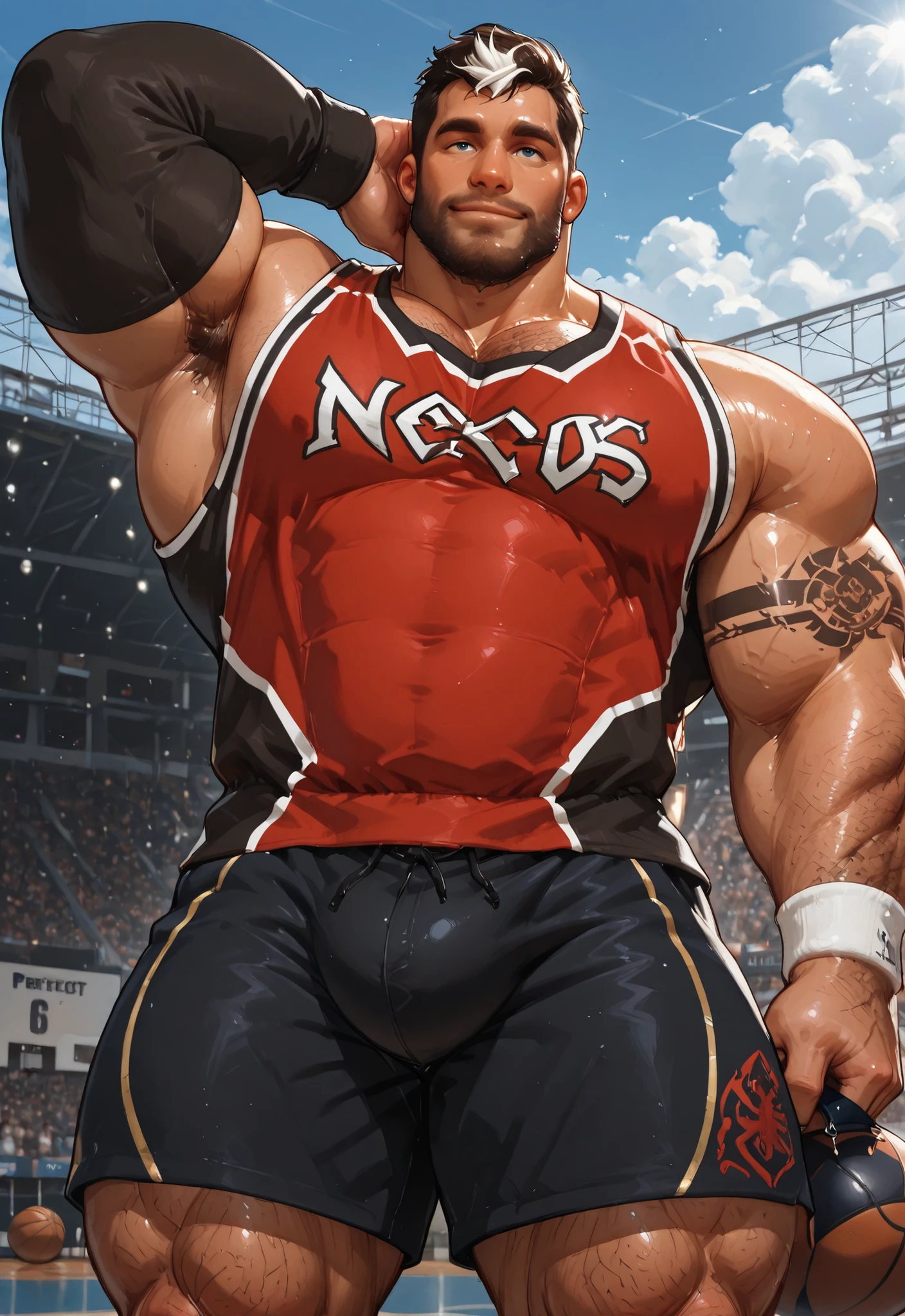 Super muscular boar beastman,(wear a sports uniform:1.5),Blindfold,Some guys cum in my face,(Surrounded by red and black erect penises:1.2),(a large amount of semen on the face and body,:1.5),Night Classroom,Handjob,Semen spurting out of the anus,Anal Sex,Kneeling,Licking a huge red and black penis,