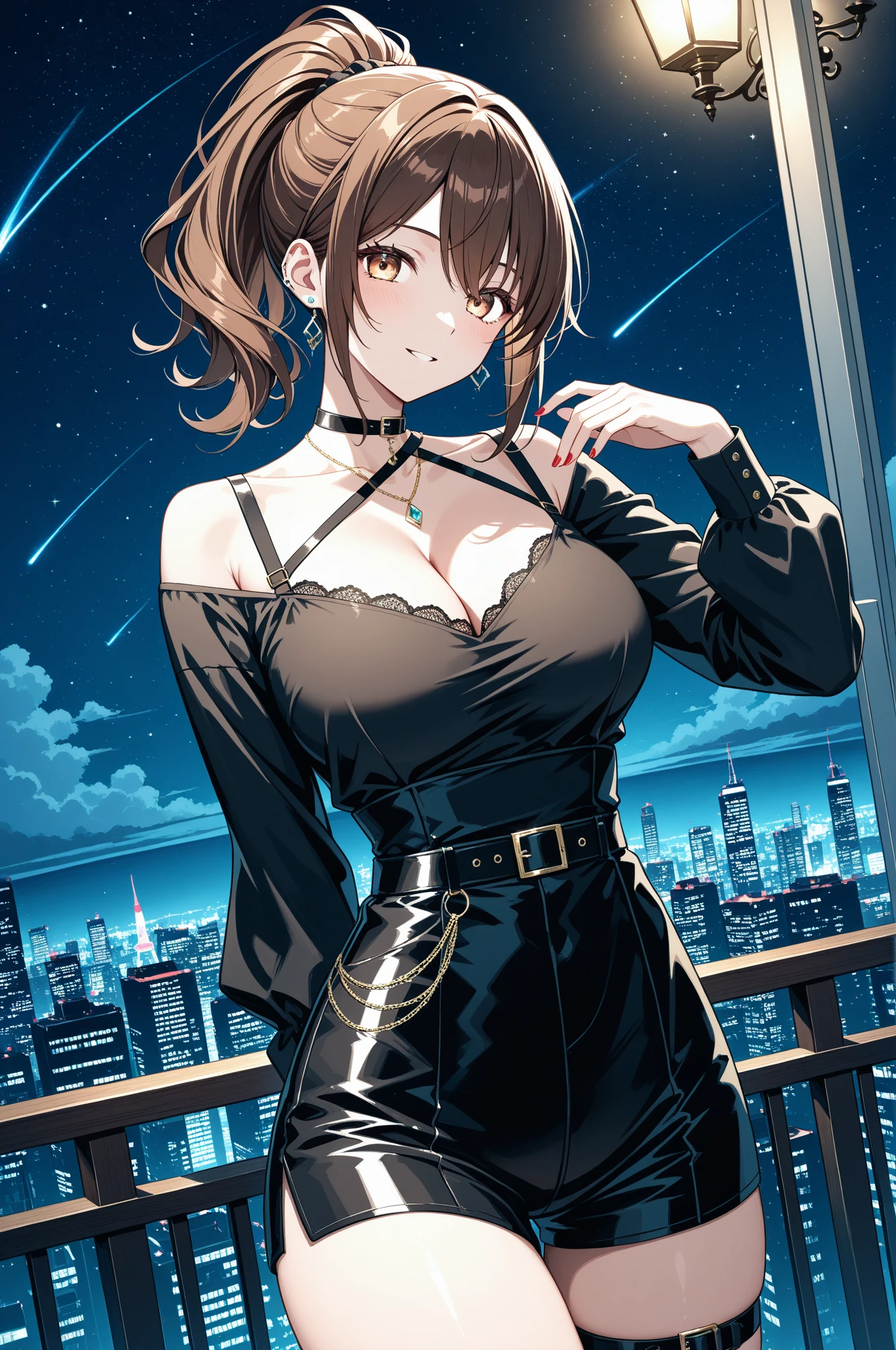 (kinako_(shiratama_mochi) style, maruzensky_\umamusume\), ((topless)), nsfw, masterpiece, leather pants, solo, 1 girl, horse ears, horse tail, erect nipples, nipples, navel, bare breasts, bare stomach, sweaty, full body, boots, medium breasts, outdoors, night, bridge, street lamp, river, collarbones, night sky, slim waist, brown hair, detailed eyes, beautiful eyes, wet, aque eyes, necklace, railing, smiling, buttoned, black gloves, city skyline, lights, lusty eyes, holding a coffee can, shiny black pants