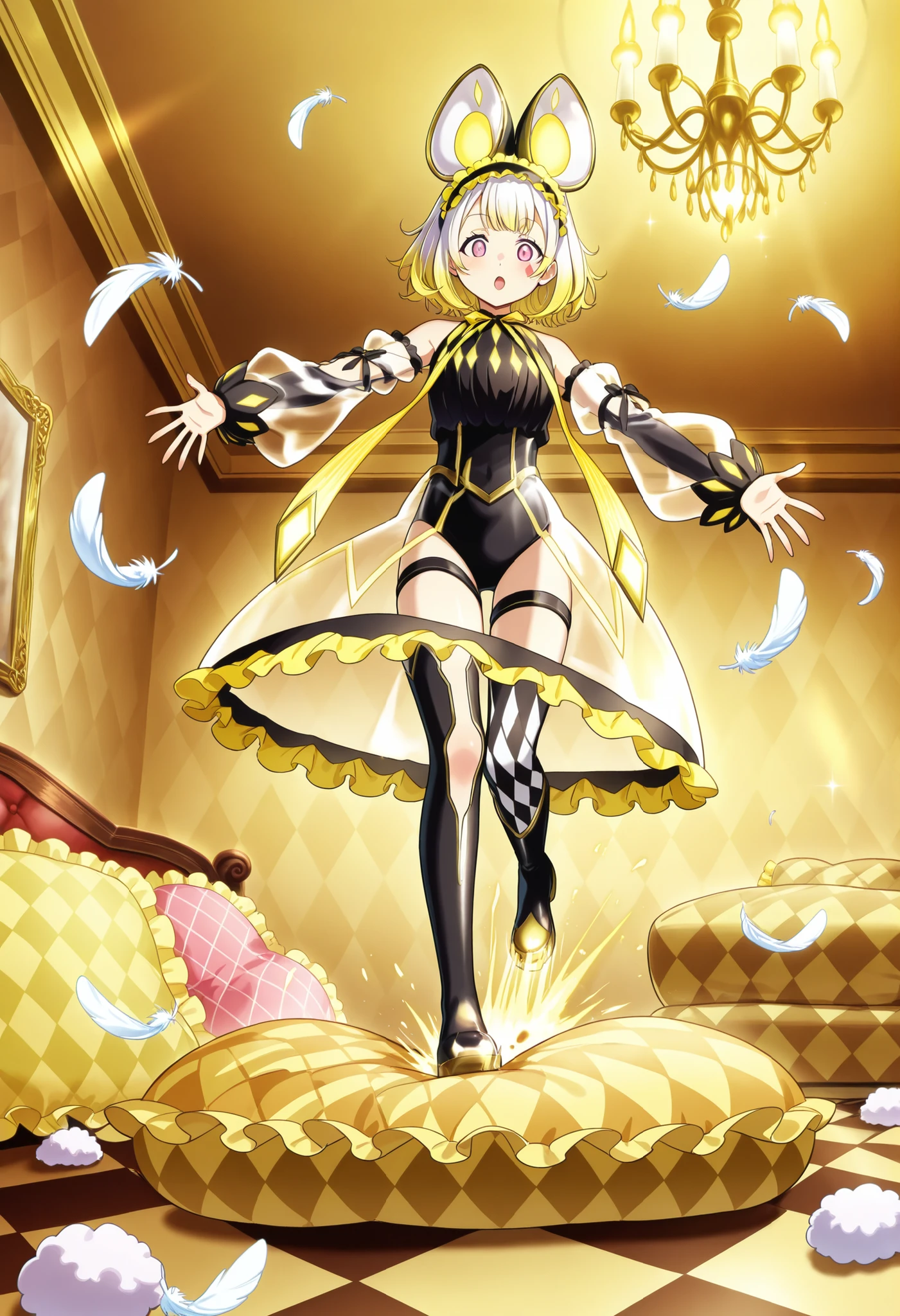 (score_9:0.9),score_8_up,score_7_up,negative_hand, realistic,warm color,malice pawn dormouse, red argyle facial mark,fake mouse ears, asymmetrical thigh boots, frilled hairband, see-through skirt, outstretched arms, black leotard, see-through sleeves, yellow bow, see-through tail, 1girl, solo, nsfw, full body, whole body view, open mouth, indoors, luxury room, bed, pink bedsheet,pillow, frilled pillow, (((yellow argyle pillow))), lace pillow, euro patterned pillow,exquisite pattern pillow, luxury pattern, Pillow on the floor, more pillows, many large pillows on everywhere, large pillow, giant pillow, oversize pillow, pile of pillows at the background, pile of pillows on the floor, many pillows on everywhere, surrounded by pillows, deflate , deflating pillow , stomping pillow on the floor , feathers , feathers everywhere , feathers stuffing pillow , stomping pillow , stomping down on the pillow , abuse , abusing pillow , stepping , stepping on the pillow , stomping down the pillow , violating the pillow , pillow damage , ripping pillow , destroy pillow , damage mark on the pillow , straight stomping on the pillow , standing , (((stomping impact on the pillow))) , stomping object , direct stomping on the pillow , normal eyes , scattered feathers , torn pillow releasing feathers , pillow stuffing , torn fabric of the pillow , feathers mess , pillow in laying position , far view , source_anime , official anime artwork , screencap , anime screencap , rough action , free hands , palm hands , square pillow , euro pillow , high hells, anime source, anime screencap, base on anime, far view, wide view, wide room, royal room