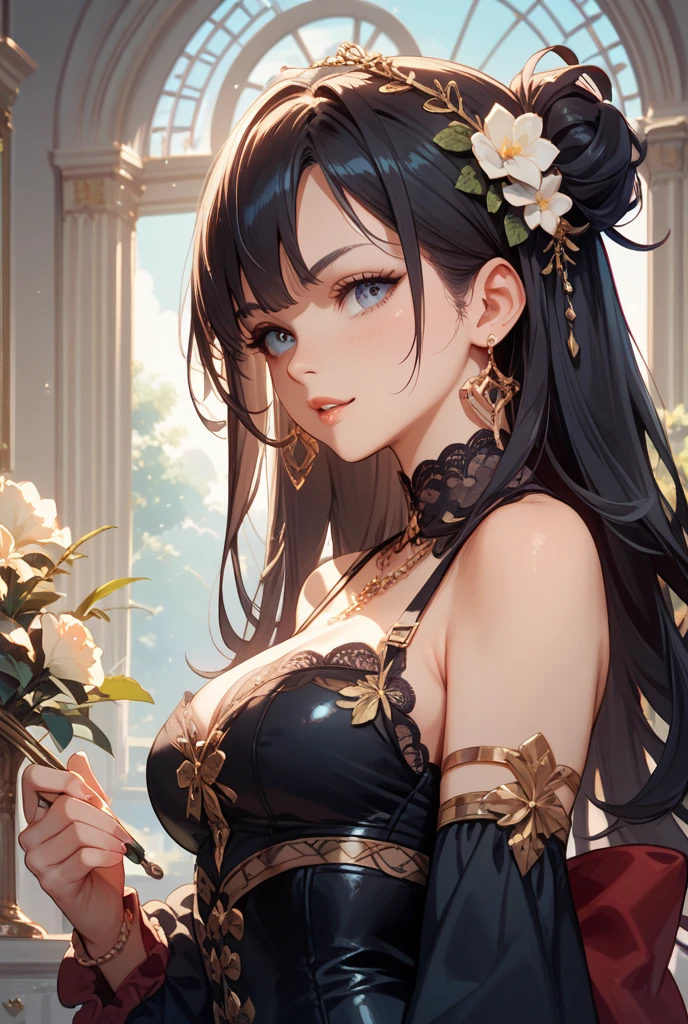 colorful flower,feater,(tmasterpiece,top Quority,best qualtiy,offcial art,Beauty and aesthetics:1.2),(1girll:1.3),(s fractal art:1.3),Wavy detail hair,Peony flowers bloom bright red tattoos,Delicately reveals the texture and texture of the petals。