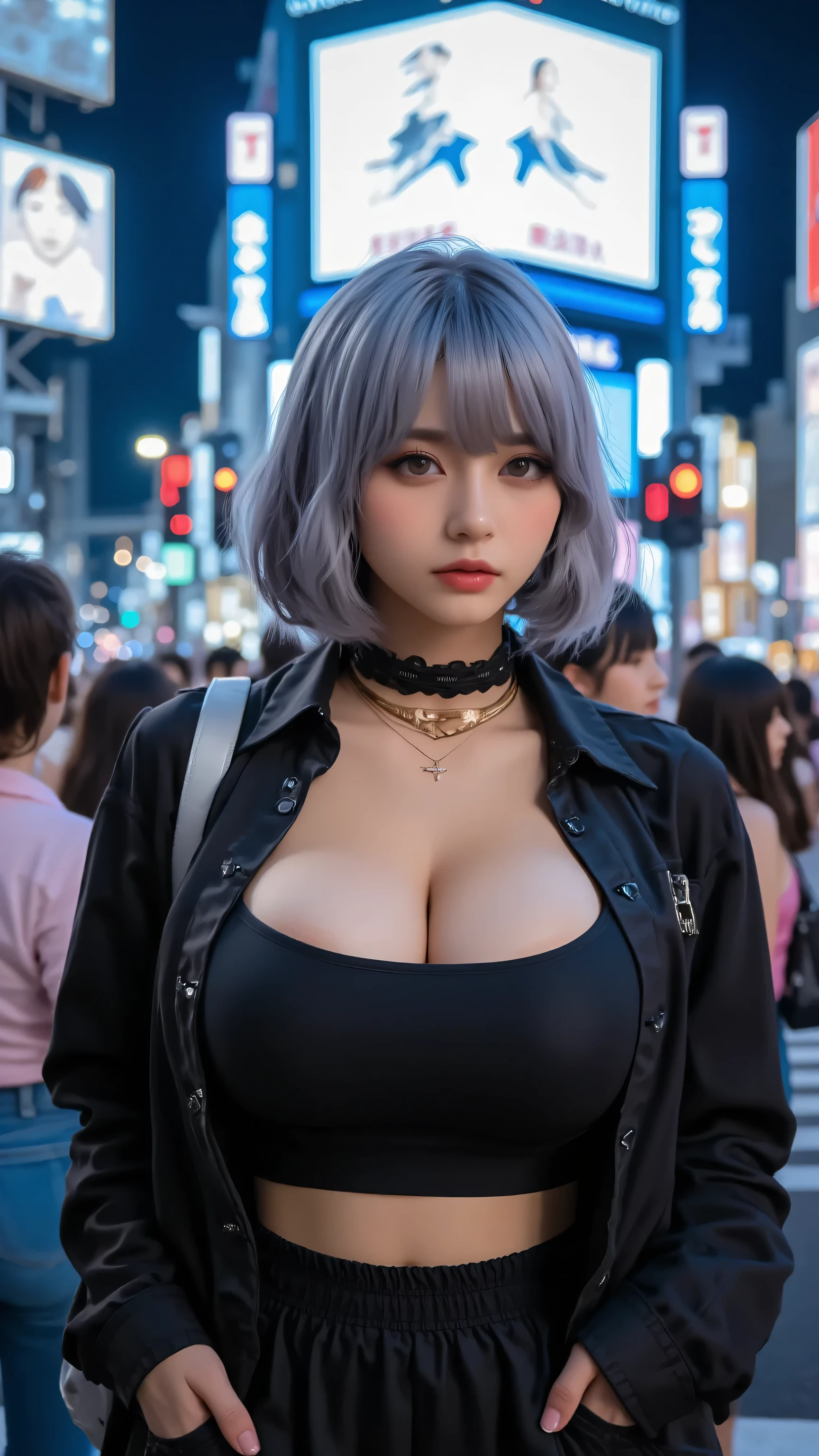standing under a neon billboard at Shibuya crossing, Short silver hair, makeup, a beautiful 20-year-old Japanese girl wearing a black jacket and waist-open tank top, big boobs, hands in pocket, The background is a dense crowd at an intersection and flashing traffic lights, Cyberpunk Style, 8K surreal details, film grain, upper body