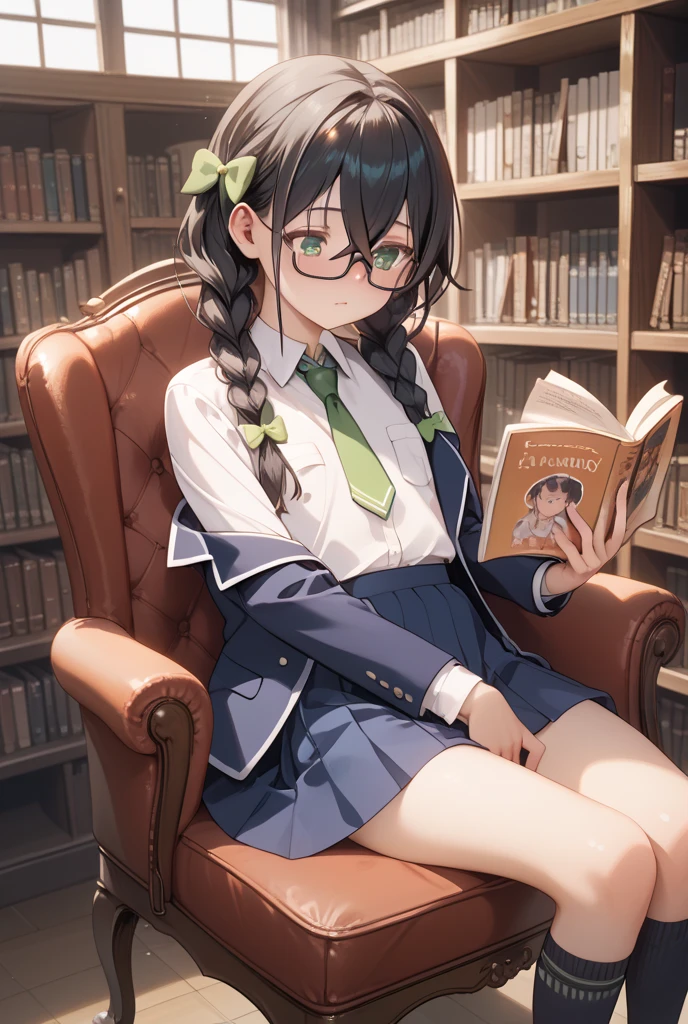 masterpiece, super detail, best quality, beautiful girl, glasses, school blazer uniform, reading a thick book, sitting chair, library,