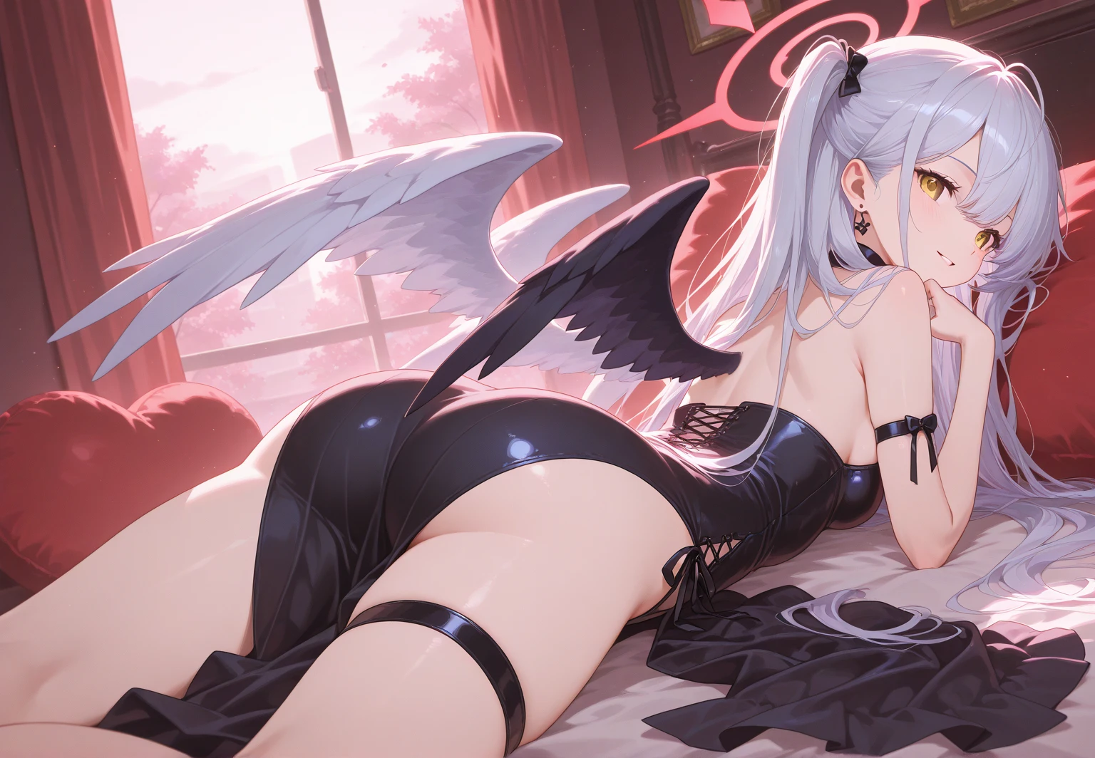 In a room of dark and mysterious hues, bathed in the silver light of the moon filtering through the velvet curtains, rests a young succubus. Her pale skin contrasts with her night-black hair, scattered around her head on the silk pillow. Her wings folded gently around her, similar to those of a bat, add a touch of strangeness to her haunting beauty. She wears a light nightgown that delicately reveals her sensual curves. Her expression is peaceful, her long eyelashes shading her delicate cheeks as she dreams in a deep, enchanting sleep. Around his bed, mystical symbols and unlit candles suggest a magical and secret atmosphere. The silence of the night is broken only by his slow, steady breathing.