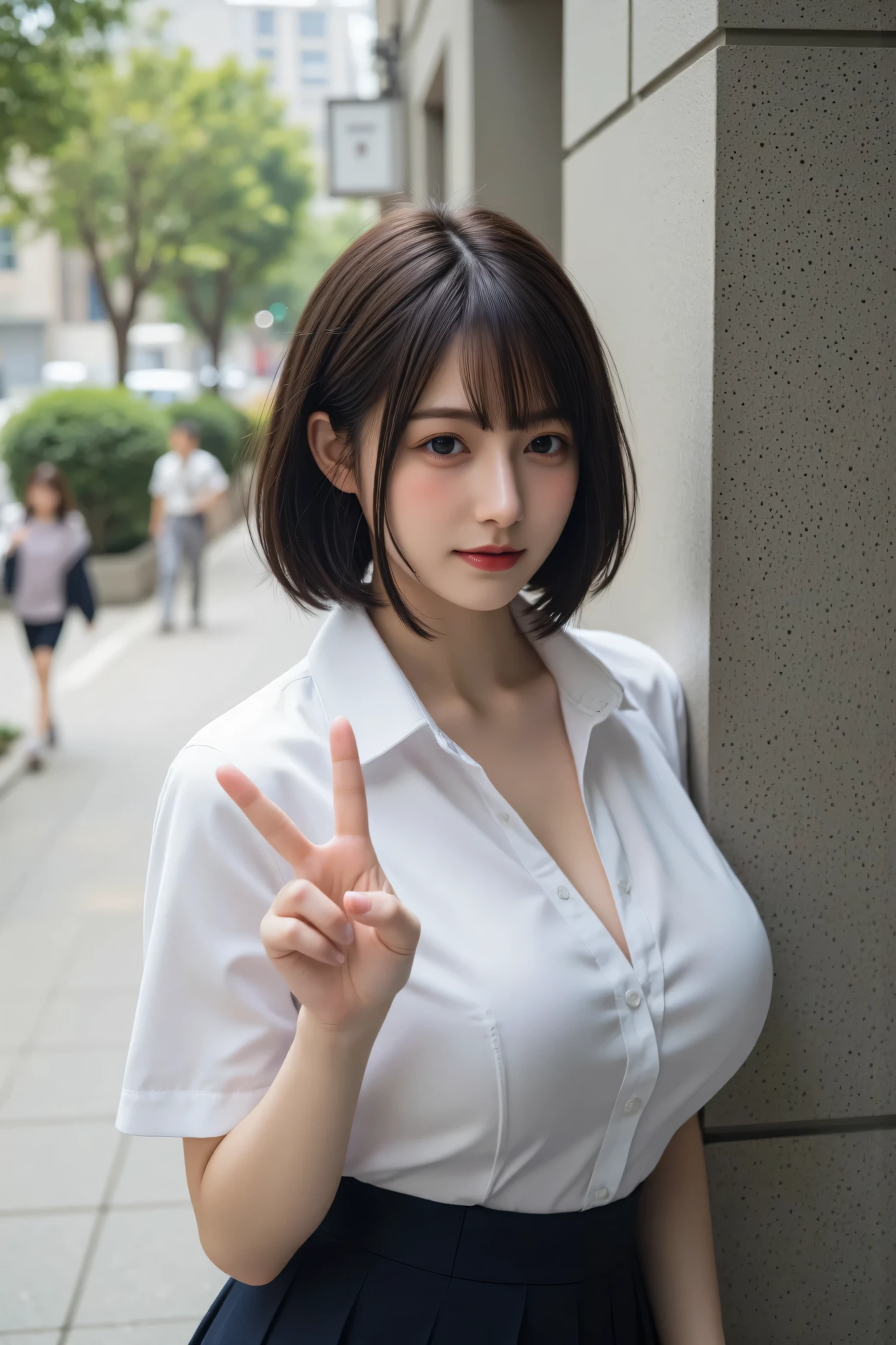 masterpiece, best quality, raw photo, photorealistic, hires, intricate details, reflections, photographed on a Canon EOS R5, 50mm lens, F/2.8, HDR, 8k resolution, ray-tracing, soft lighting, bokeh, sexy, erotic, motion blur, one pretty young girl, large breasts, (cleavage), petite with blunt-cut black bob hair, (wearing high school uniform), half-open white shirt, pleated skirt, standing by the wall at school, (reaching towards viewer, selfie:1.2), V sign, (film grain), depth of field, high-saturation Y2K aesthetic, pov, from above