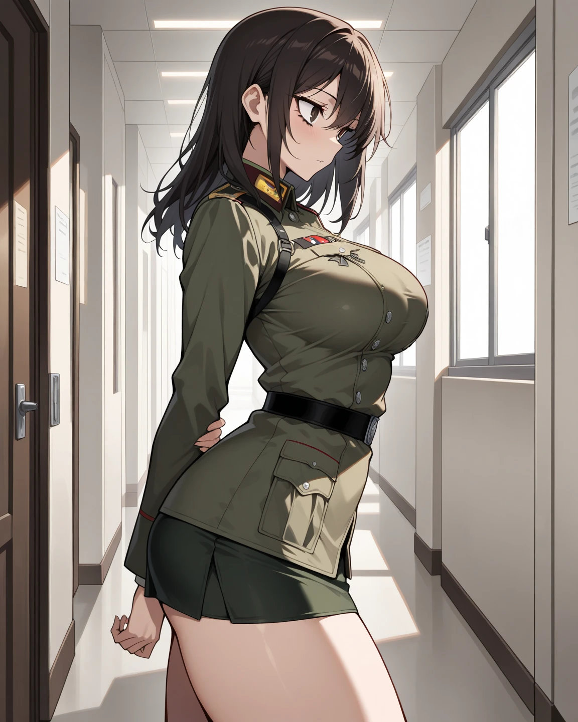 Anime, Short black hair with bangs, Narrow waist, Wearing Soviet military uniform,((bottomless)),wet pussy,((pussy:1.5)),Shaved pussy,Moscow alley,NSFW,Pussy