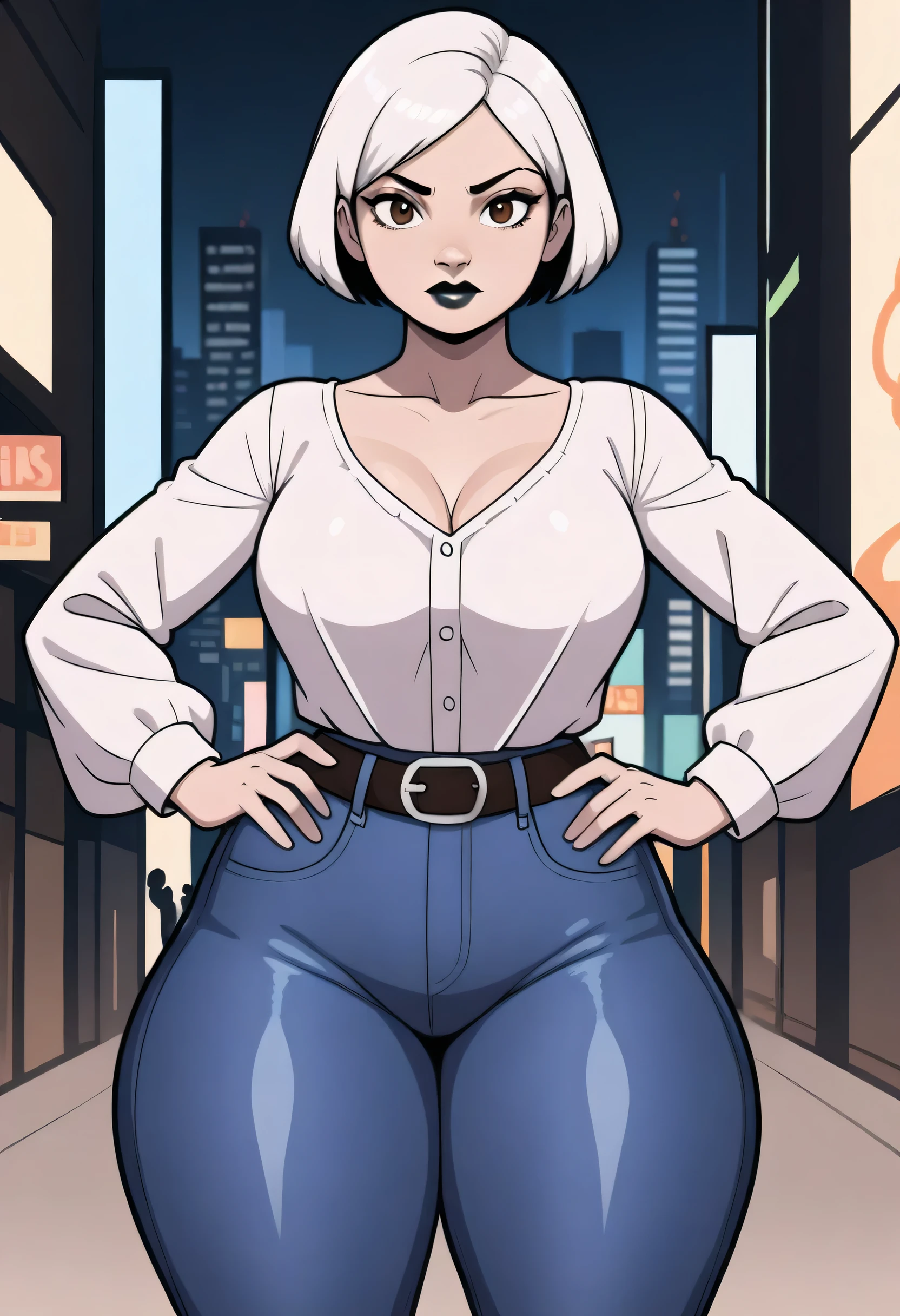 lineart, monochrome, unparalleled masterpiece,, (1girl:1.1) , solo, ((perfect female figure)), (nsfw), looking at viewer, mature female, bimbo (android 18) standing, (teasing), best quality:1.1 , seductive posture, sexy pose, alluring, (beautiful), (curvy), (thick), short hair, earrings, jewelry, denim vest, open vest, black pantyhose, black shirt, denim skirt, striped long sleeves, blue skirt, toned legs, fit, (abs:1.1), (big butt:1.4), peach ass, (athletic body:1.2), (large breasts:1.3, (big_breasts:1.1), wide_hips:1.5, narrow waist, small waist:1.5, slender body:1.2, thick thighs:1.3), (shiny skin:1.2), (hdr), (street:1.2),