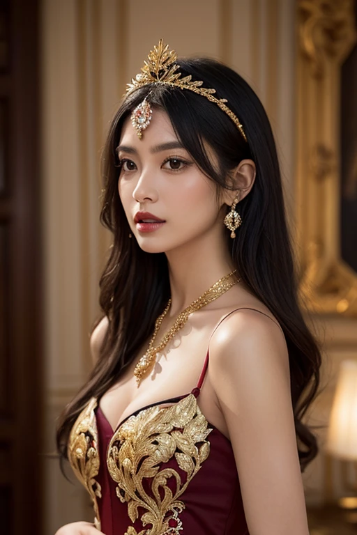 a beautiful attractive young in luxury Masquerade fancy dress dance 15th century era ,perfect face and body , push up bras, upper body, art Renaissance and Venetian carnival background, intricate strap jewelry suspenders, beautiful belly breast, medium long shot