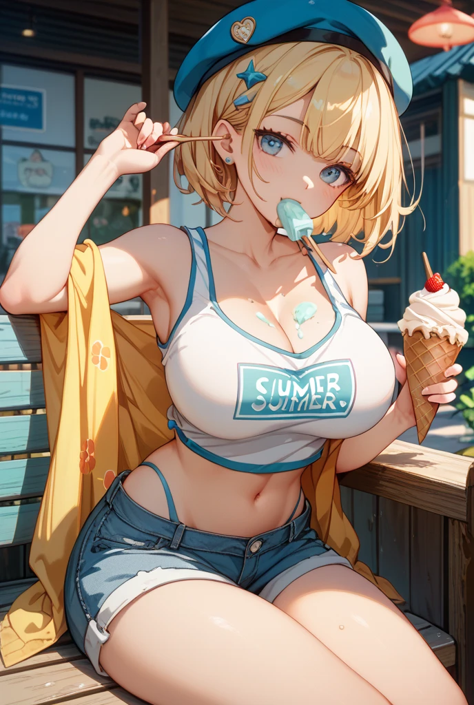 ((top-quality、8K、masterpiece:1.3))、(View from the driver's seat of the car)、sea side、You can see the shaved ice stalls、You can see the ramen stall、Beautiful woman with perfect body shape:1.4、Slender Abs:1.3、((Blonde short bob、Colossal tits:1.2))、Sit on the sandy beach、A smile、Summer costumes、((Eat shaved ice))、Highly detailed facial and skin texture、A detailed eye、二重まぶた