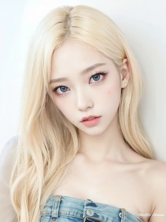 A close up of a woman with long blonde hair wearing a bra and blue like eyes, kawaii realist portrait, bright digital painting, guweiz style artwork, inspired by Yanjun Cheng, realist cute girl painting, beautiful digital painting, beautiful digital illustration, realist. Cheng Yi, Portrait of Jossi from Blackpink, Kpop idol portrait, shiny skin, big breasts , heavy breasts