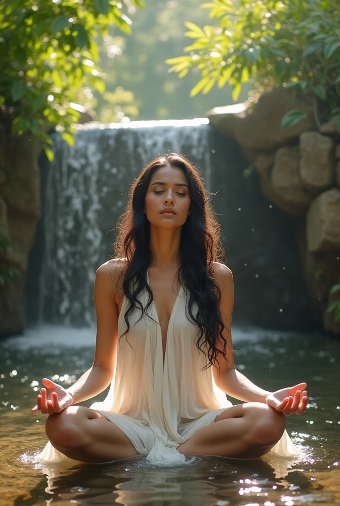 Create a serene and captivating front-page image for a holistic health and wellness website named Vital369.com. The picture should evoke a sense of calm, balance, and vitality. Imagine a tranquil natural landscape at sunrise, where the golden light softly illuminates the scene. Include lush green fields or a forest with tall, vibrant trees symbolizing growth and health. In the foreground, a crystal-clear stream flows gently, representing purity and the flow of positive energy. At the center of the image, place a melanin girl with her eyes closed, curly long hair meditating in a relaxed pose, symbolizing inner peace and mindfulness. Incorporate subtle elements of numerology, such as abstract patterns or formations of the numbers 3, 6, and 9 within the natural elements, ensuring they blend harmoniously without being too prominent. The overall mood of the image should be peaceful and inviting, encouraging visitors to embark on their wellness journey with Vital369.com.