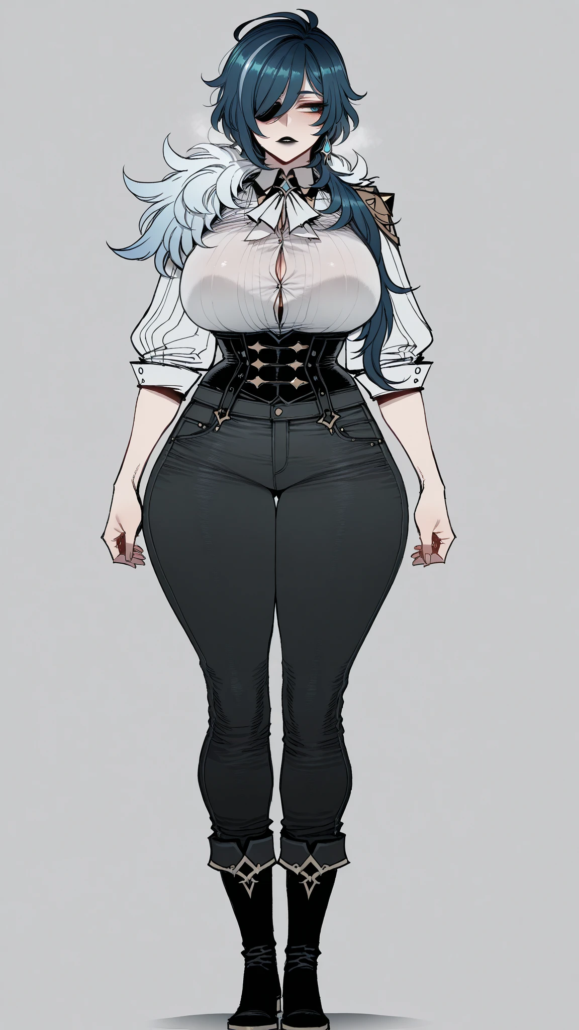 ((ratatatat74)), ((1girl)), ((solo)), ((Full-body))
fem version of Kaeya from Genshin Impact.
Black lips, wide hips, thick thighs, huge breasts. Shirt, corset, boots, trousers