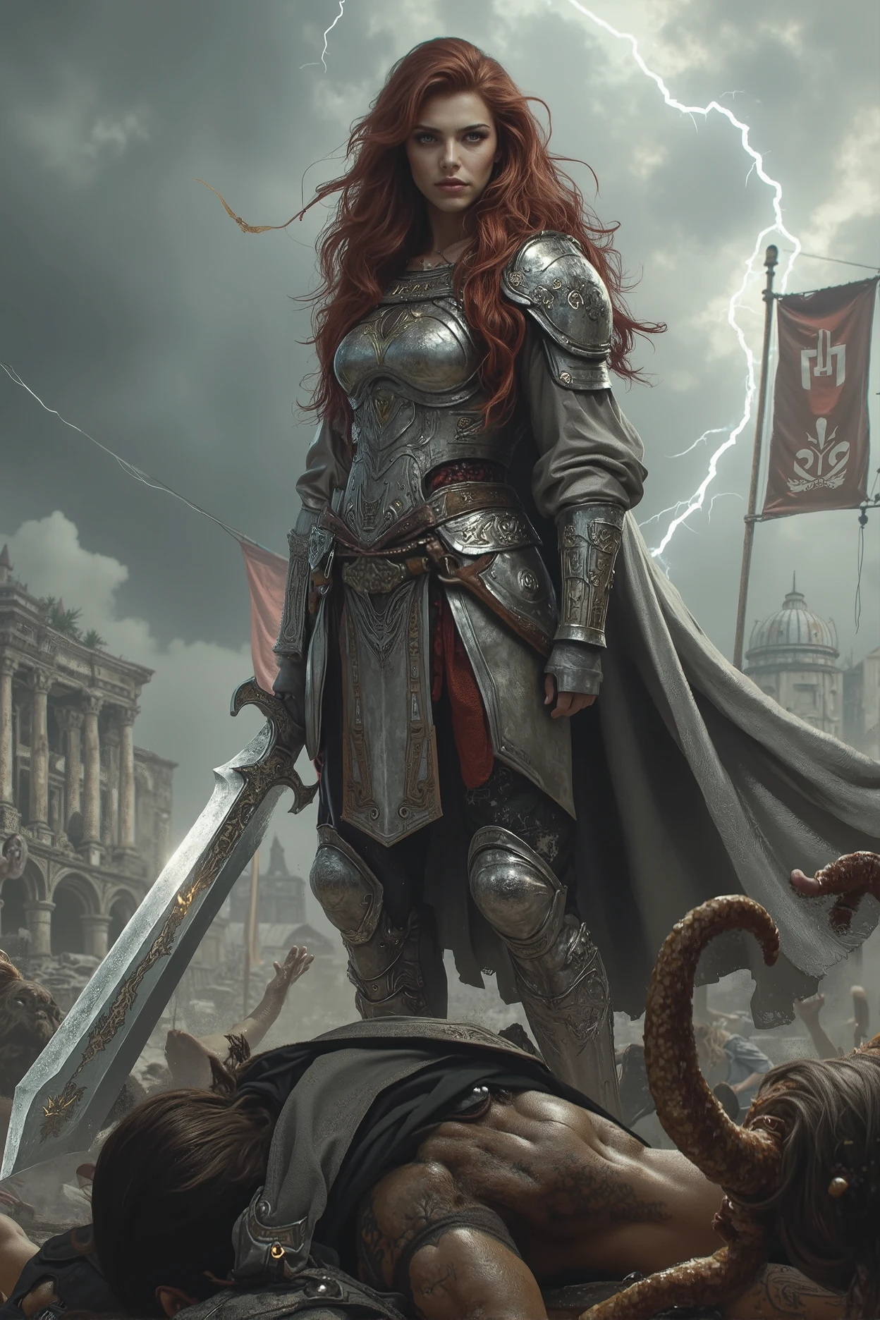(best quality,4k,8k,highres,masterpiece:1.2), ultra-detailed, (realistic,photorealistic,photo-realistic:1.37),A powerful and fearless female warrior standing amidst a battlefield under stormy skies. Her silver armor is adorned with ancient runes and dragon motifs, slightly weathered from countless battles. She has piercing amber eyes and flowing dark red hair, fluttering in the wind. She wields a massive rune-etched greatsword glowing faintly with divine energy. Her stance is firm, unyielding, with one foot atop a fallen enemy. The background features broken banners, crumbling ruins, and lightning flashing across the clouds. Her expression exudes defiance and unwavering strength. Cinematic lighting, high-detail, epic fantasy style. Inspired by Frank Frazetta and Artgerm.