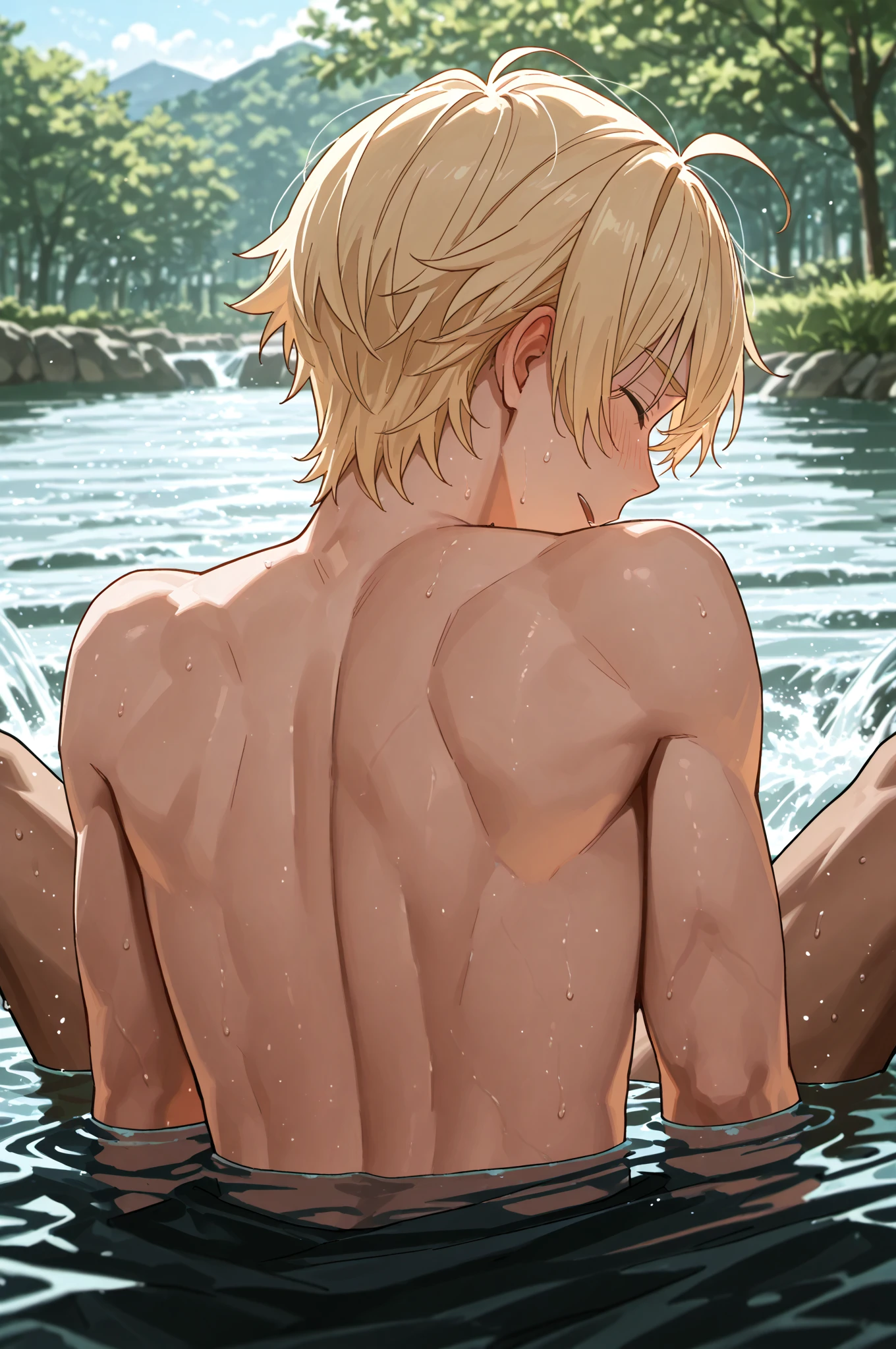 absurdres, highres, ultra detailed, HDR) master piece, best quality, Gilgamesh, blond hair, expressive red eyes, Fate Grand Order, golden earrings, sexy man, handsome, having anal sex, gay, yaoi, grass, night, forest, fireflies, lewd expression