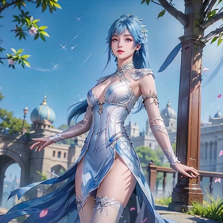 ((melhor qualidade)), ((obra-prima)), (detalhado), Empress Dragon "Michelle Pfeifer", olhos realistas, cabelo preto, olhos azuis, seios pequenos, Vestido setin coreano sensual, paisagem maligna, ethereal beauty, (Fantasy Illustration:1.3), olhar encantador, pose cativante, garota solo, charme sobrenatural, mystical sky, gazebo,(Escultura em papel:1.5),Stooping, (Mar de nuvens brancas:1.3), (nuvens brancas:1.3), (peach blossom:1.2), montanhas, soft lighting，Elementos Orientais, sonhador, pastels colors, cores brilhantes, Traditional Chinese color scheme, ( Reasonable design, linhas claras, Alta nitidez,melhor qualidade, Very detailed, master part, Arte Oficial, Efeito de luz do filme, 4k ),