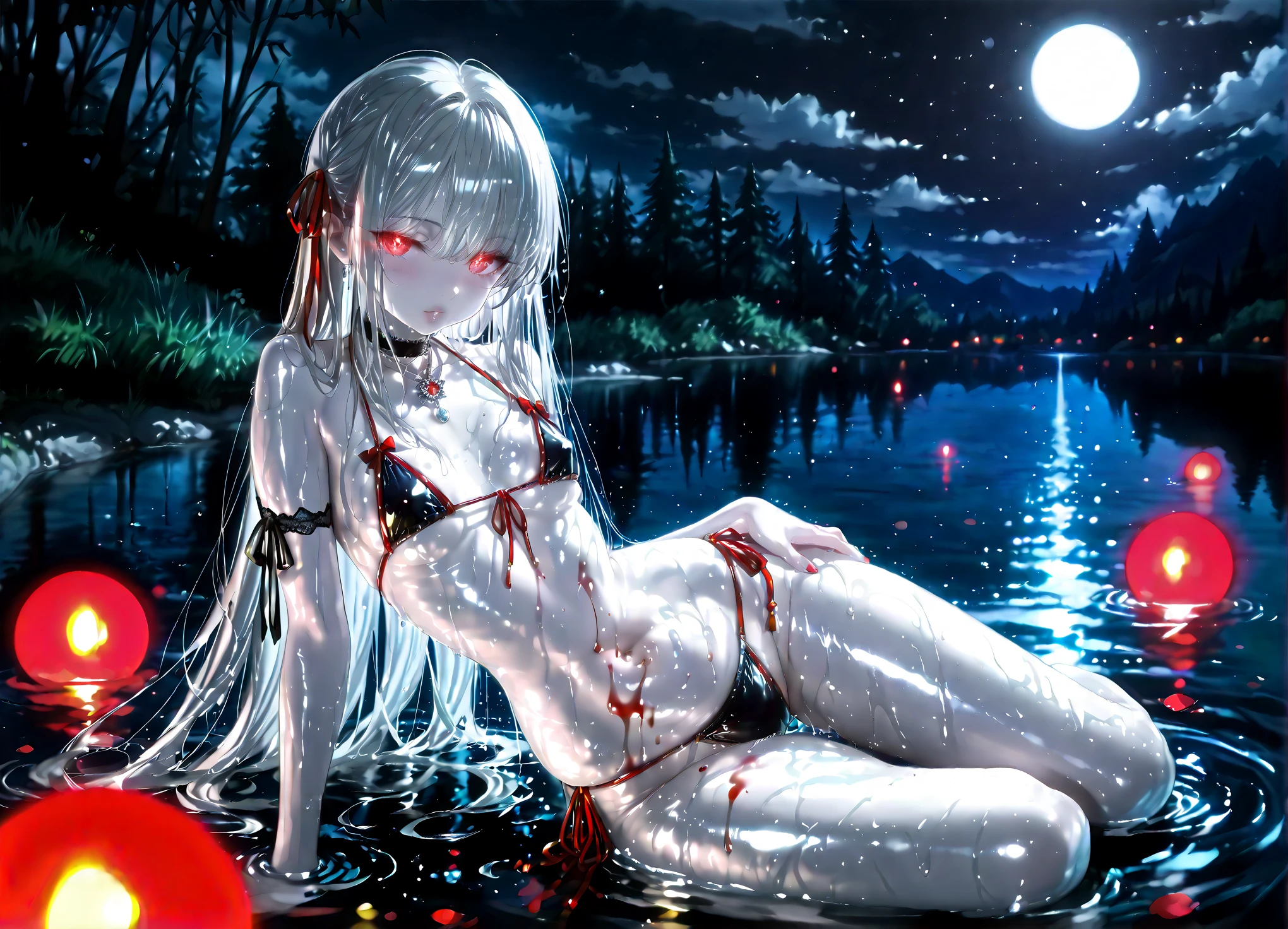 Masterpiece, Very detailed, Ultra-detailed, One, 8k, mature milf - full body view, provocatively showing off body, provocotively showing off curves, alluring, masturbation, anal, ass crack, showing off asshole, with creamy flawless skin and mature body, fully soaked wet body, long glowing white hair, blushed and seductive body and face, white flowing eye lashes, personification of beauty, goddess, seductive red eyes and women's bright red colourful bra lingerie, with huge breasts and thick thighs, around the moon and stars, terrible and terrifying atmosphere, dark atmosphere,