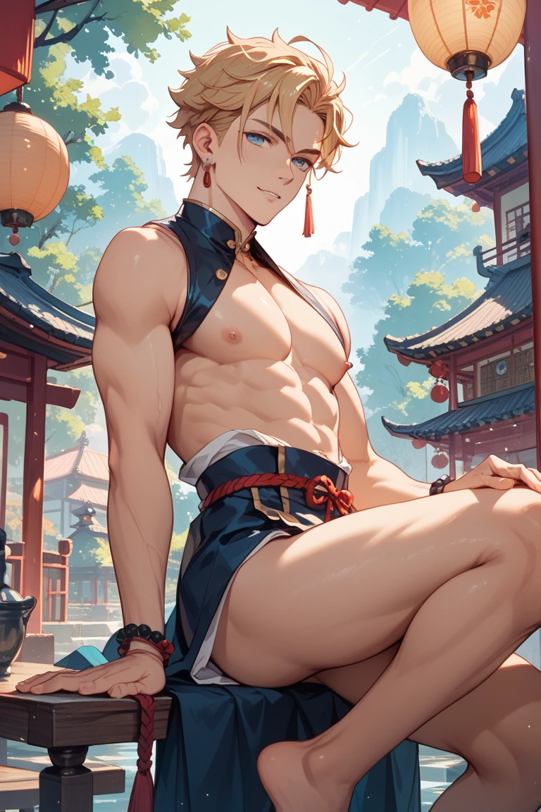 masterpiece, best quality, ultra detailed, realistic, nsfw, 1boy, a 20 years old fit Dirt Blonde Hair boy, topless, erection, visible penis, cum, bara, naked, big pectorals, big muscles, big penis, blushing, sweating, ahegao, moaning, ejaculate sperm, large and thick penis, cum, vpl, fullbody shot, side view, hand on cock, ((Public Place)), ((Japanese festival carnival)), muscular body, ((inazuma)), ((itto)), solo, ((Arataki itto))