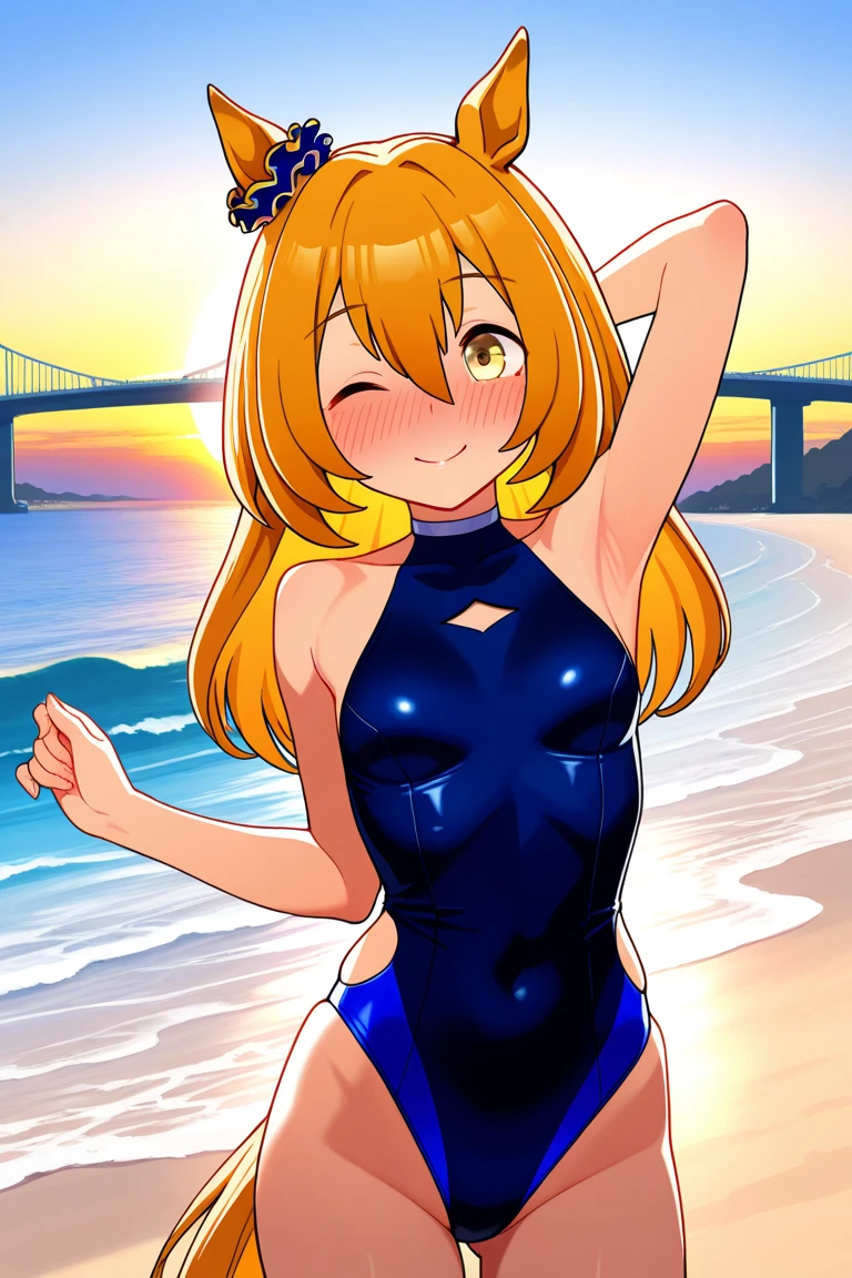 Professional Photography, (Catgirl), blonde hair, detailed eyes, full body, long legs, joyful laugh, braid, medium breast, Yellow eyes,
BREAK, 
((Cutout swimsuit with a geometric pattern)), providing a modern and visually striking swimsuit option,
BREAK, 
Seaside carnival with a Ferris wheel, cotton candy stands, the sound of laughter filling the air, 
