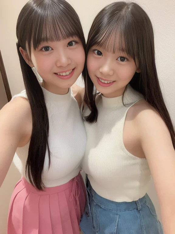 (A selfie photo of two Japanese girls), 25-years-old, (Standing closely), (Both working in the office), (Both smiling), (Both looking at the viewer), best quality, masterpiece, (Wearing pale-pink sheer lace swimsuit), (choker), (((Double eyelids))), Bangs down, earrings, (((Big beady eyes))), ((Nudists)), (Wearing gray office jacket)