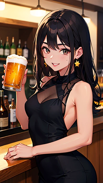 (from above:1.2),(from side:0.9), ((Face)), (Close-Up:0.4), masterpiece,"A 26-year-old girl stands at a bar counter. She is dressed in a stylish off-shoulder dress, sweater dress, off-shoulder sweater, red sweater,garter stocking, cleavage:1.1, midriff, black shorts, black thighhighs, thigh strap, pretty girl, (highly detailed beautiful face and eyes,firm breasts),real skin,((black,hair,long pony tail hair)),thin pubic hair,cute and lovely pose, detailed eyes, This masterpiece is only visually stunning but also tells,(double breasted:0.6,under bust:0.6),(small breasts:1.2),(perky chest:1.1), (pointed chest:1.0), medium hips, glamorous body,(with sparkling eyes and a contagious smile),open mouth. The bar is beautiful, with colorful bottles of alcohol in the background and a soft glow from neon lights. The atmosphere is relaxed, and the girl looks confident and fashionable.",full body, sexy pose,make a cocktail , in a bar counter, Looking at Viewer,