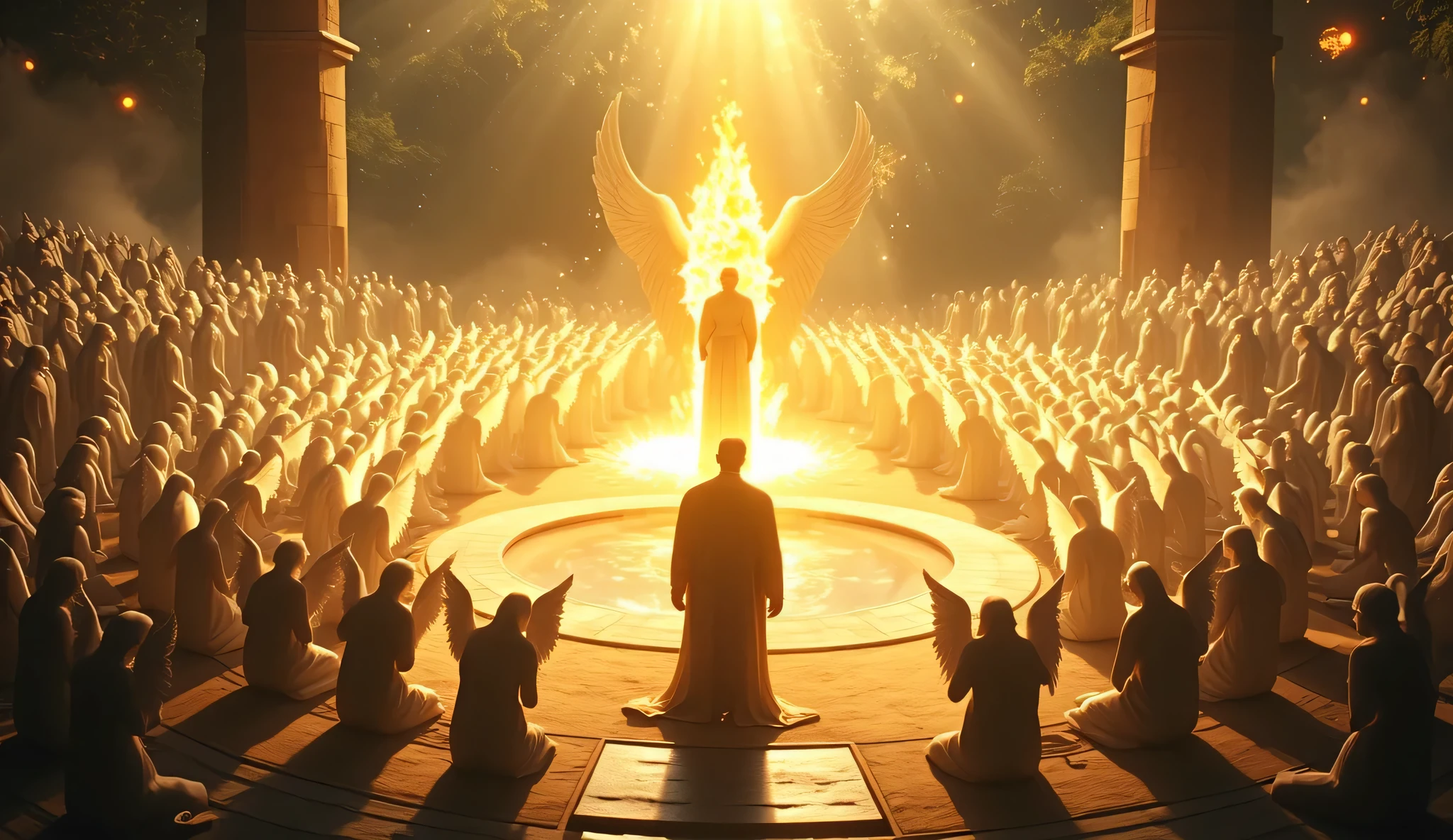 A sacred, celestial garden of Jannah seen from a divine angle. At the center, Adam (AS) stands with his back to the viewer, clothed in glowing robes of light, bathed in golden divine illumination. Surrounding him, countless massive angels — faceless, heads covered in prophetic garments, with enormous folded wings — are bowed down in sajda, showing utmost respect and reverence. Their prostration is not worship, but a sacred act of honor (sajda ta’zeemi), commanded by Allah. Each angel emits a gentle white-blue aura, merging with the light around Adam.
In contrast, just outside the sajda circle stands a single entity — a tall figure made of living fire. Faceless and flickering, this is Iblis, upright, arms slightly raised in denial, engulfed in glowing embers. Unlike the angels, Iblis stands in arrogance, surrounded by shadows instead of divine light — the golden illumination bends around him, never touching his form.
The garden of Jannah glows with rivers of milk, soft heavenly trees, and floating divine light. The scene is silent, sacred, and heavy — capturing the first divine test of obedience.
Tags: top-down view, Adam center, angels in sajda, Iblis standing, divine vs arrogance contrast, glowing Jannah, no faces, fire figure, spiritual symbolism, cinematic Islamic sacred theme, 8K