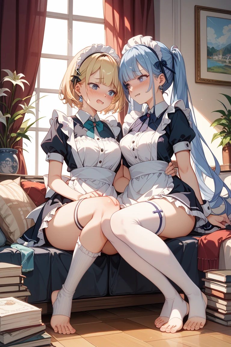 highest quality、masterpiece、((2 girls))、((smile:1.3))、(blush:1.3)、Black Shirt、blouse、((fun!!))、(Small breasts)、(Photo from below:1.5)、Blonde、()、((White apron:1.5))、((Maid))、((hair ornaments)),、Kamimei、look at me、 ((in house:1.5))、 Taking a break from watching the audience、Cowboy Shot、(Skirt lift:1.3),(Highly detailed white panties:1.3)、(Highly detailed panties:1.3)、、(スカート that rolls up:1.3)、(Panties fully exposed:1.5)、Light blue eyes、long hair、
