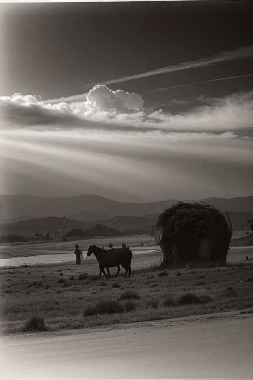 Deep in the mountains,A little girl,Cattle,A herd of cattle,Rainy Day,Black and white photography,Magnum Style,RAW format,high quality