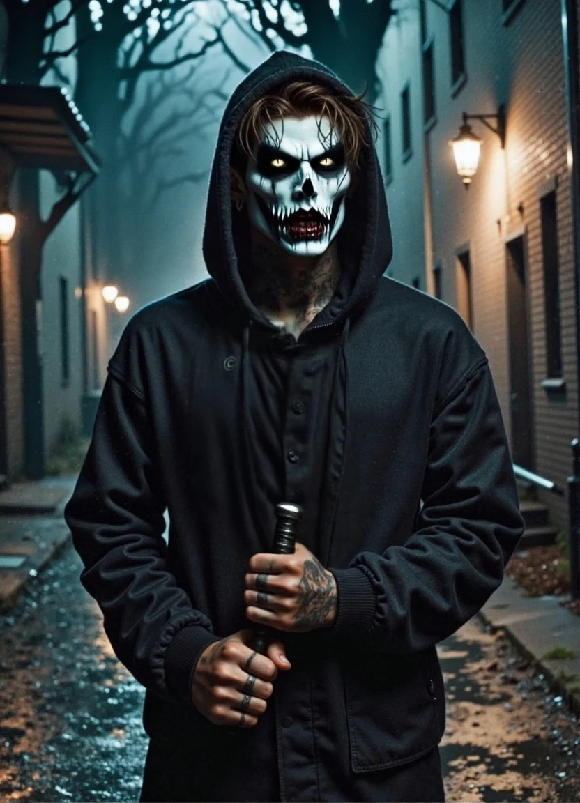(raw photo, best quality) , (Realistic, photo-realistic: 1.3), Extremely formidable, general plan, masterpiece, ultra-detailed, high resolution, Best illustration, best shadow, complex, depth of field, horror, scary, terrifying, single, man 1 (male), athletic, pale white skin, various tattoos on his body, dirty hair, dreadlocks (scary eye), (red eyes) bad crazy eyes, sadistic smile of crazy monster with sharp and pointed teeth, elongated chin, piercing lips, look at the viewer, black clothes, sleeveless black jacket, blood, sangy, crazy expression, sharpness, right hand holds big knife, left hand holds gun, volumetric fog, 8k, DSLR, high quality, (film grain: 1.4), Fujifilm XT3, night, night
