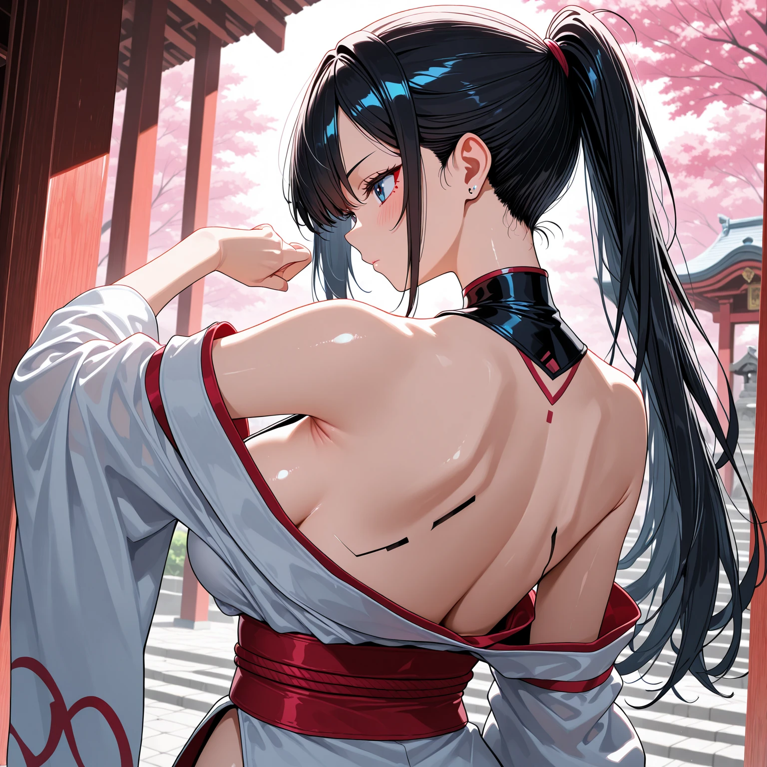 (highest quality:1.2, Very detailed, Latest, Vibrant, Ultra-high resolution, High Contrast, masterpiece:1.2, highest quality, Best aesthetics), (((1 girl))), 4k, From the back, big dragon tattoo on back, Tattoo on back,, Beautiful back, Pull up your hair, Nape, Detailed tattoo representation, Colorful tattoo dragon, Fine image, wearing kimono, The kimono is fluttering, covered ass, kimono only covering legs, bare chest, bare back, Beautiful Skin, (Detailed Eye Expression:1.2), Beautiful woman looking back, Standing, Cowboy Shot, Black Hair, Long Hair, Dutch Angle, Full Body Shot. Chinese temple, simple background