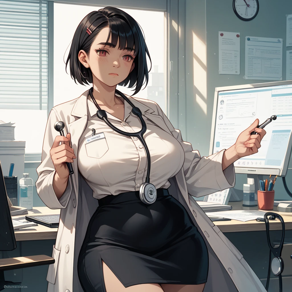 masterpiece, best quality, 1 girl, solo, doctor,black hair,white coat, black shirt, updo,standing,headache,closed eyes,anoying,cleavage,glasses ,clinic , from the front