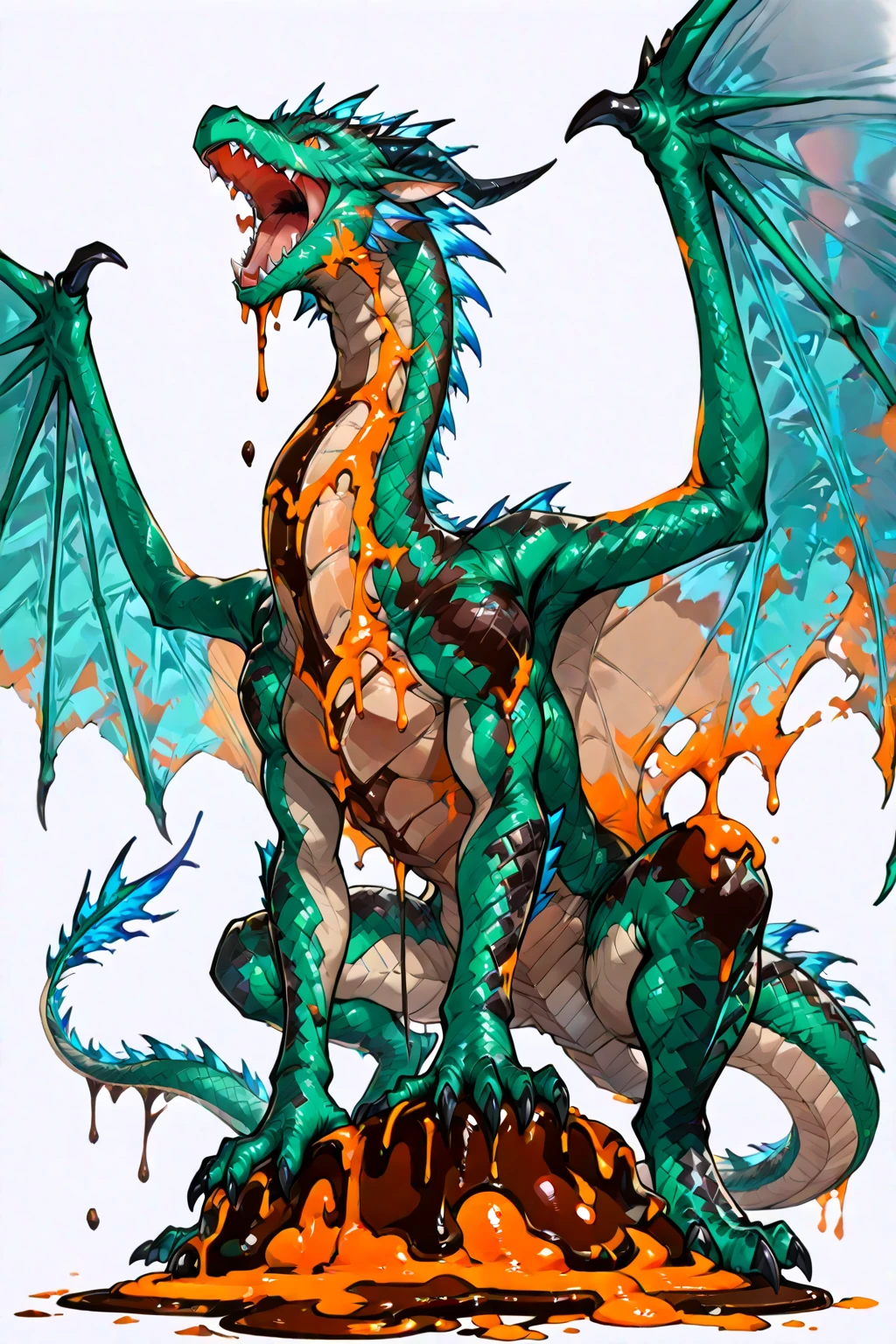 (best quality:1.5 ), (ultra detailed:1.1 ),Moments of accidental exposure, watercolor,chocolate,dragon,transparent,A chocolate dragon with elaborate decorations and textured details its scales appearing lifelike, It has large wings and sharp claws, The dragon is grounded with its wings spread wide captured in a frontal view, Its mouth is open wide roaring with melting chocolate and a dissolving body, The background features alluring chocolate lava and chocolate eruptions, This transparent insubstantial and sheer hologram of the dragon's face has an opacity of 10% emphasizing its wide-open mouth