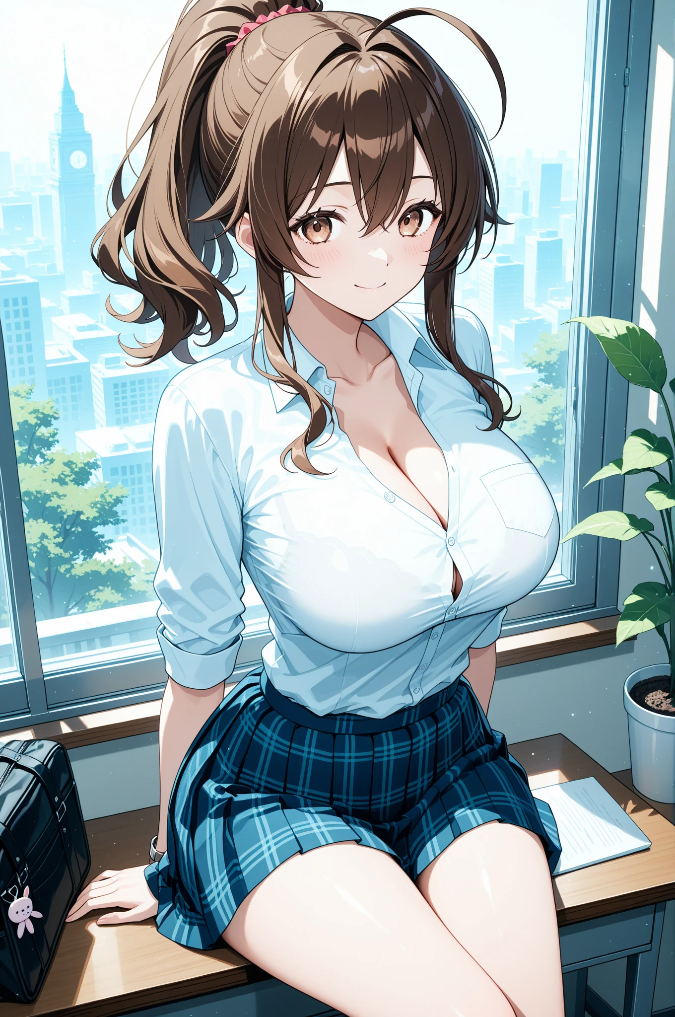 The top half of the shirt is buttoned open,exposing her chest