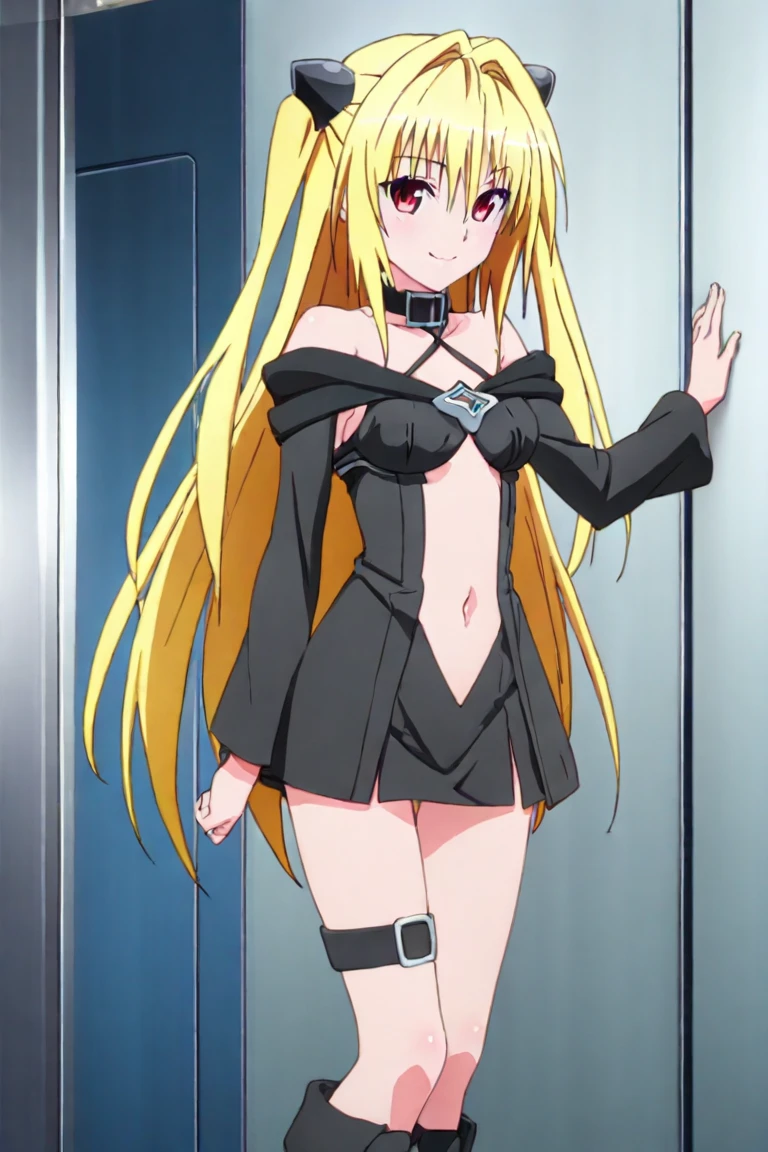 1girl, solo, blonde_hair, pointy_ears, luminous eyes, blue_eyes, long_hair, sexy mature look, intense gaze, 4K resolution, masterpiece, highres, illustration, extremely delicate and beautiful, extremely detailed, upper_body, collarbone, cleavage, medium_breasts, thigh_strap, fit body, sexy muscular, covered six-pack belly, covered_navel, bedroom, standing, looking_at_viewer, perfect hips, perfect eyes, perfect hands, perfect fingers, perfect legs, perfect thighs, perfectly drawn anatomy,