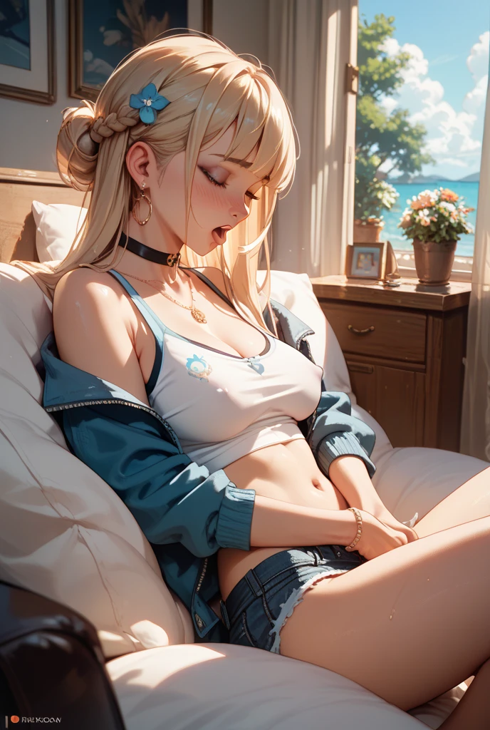 Beautiful girl , slim fit body , wavey blonde hair, crop top mini skirt , rose pink lips, blushed cheeks , red eyes , big breasts