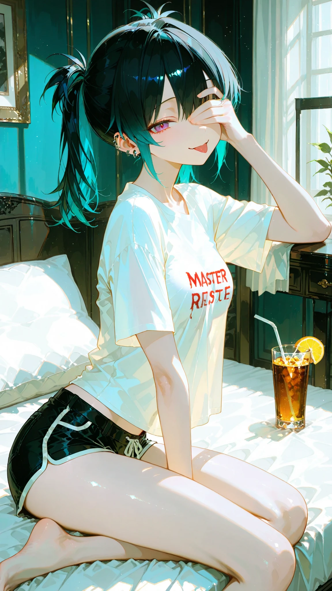 Refined Realistic Style(0.8), Master Level, EXTREME DETAILS ,professional grade post-treatment,Masterpiece,anime style(1.2),best quality,High Resolution,8K,Side shot, double ponytail, parted bangs, bad smile, tongue out, black revealing t-shirt, short sleeves, shorts, bare feet, small breasts, multiple earrings, hair covering one eye, girlie boy, sitting on bed, leaning on pillows and drink