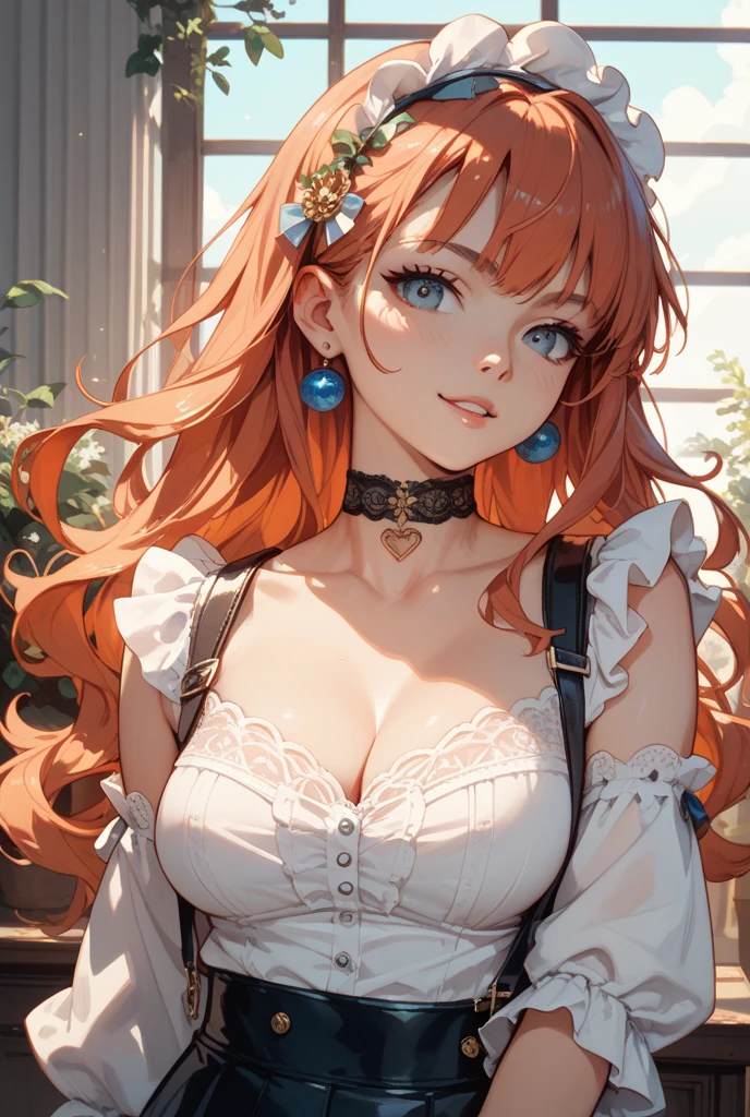 a very sexy young woman, athletic body, with very long orange hair, very white skin, bright green eyes, small nose, sitting on the roof of a tower, dressed in an open plaid blouse, a lace bra, a skirt of boards, stockings, industrial boots, ., naughty face, ray tracing, reflection light, Canon, Nikon, close-up, 16k, 8k, 4K, highres, best quality, award winning, high quality, high details, super detail, textured skin, anatomically correct, accurate, masterpiece