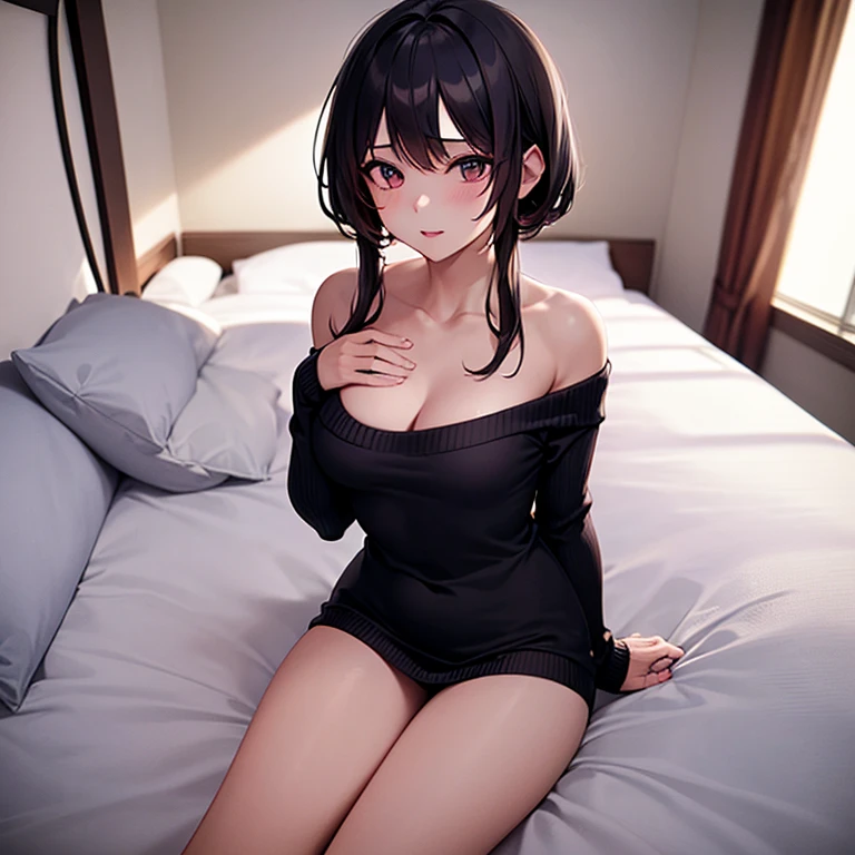 schoolgirls, horse tailed, black gown(Outline the perfect figure), lacepantyhose, The background is clear, inside bedroom, sit on a bed, Fold your hands to your chest, floor to ceiling window, night scene, black color hair, Black pupils, cinematic lighting, UHD, ccurate, super detail, textured skin, high details, highres --auto