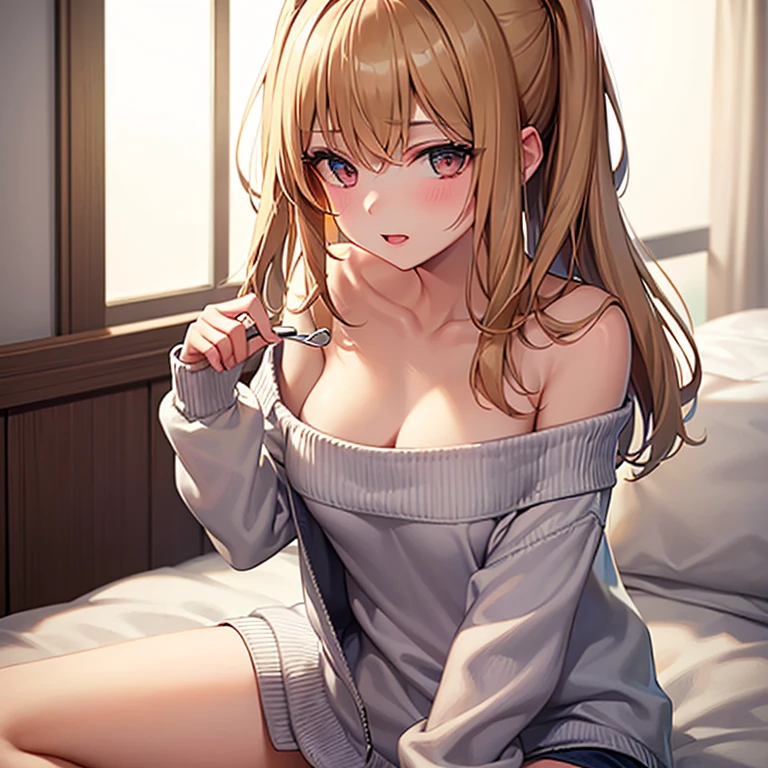 ((best quality)), ((masterpiece)), (detailed), 1girl, off-shoulder sweater, woman asleep standing up, bikini, eyes closed