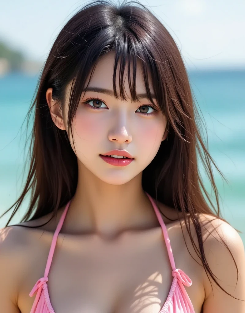 (masutepiece:1.3), (8K, Photorealistic, Raw photo, Best Quality: 1.4), Japanese, Beautiful face, (Realistic face), (Black hair), Beautiful hairstyle, Realistic eyes, Beautiful detailed eyes, (Realistic skin), Beautiful skin, Attractive, A high resolution, A hyper-realistic, Highly detailed, Golden ratio, (Sony Alpha 1, 50.1 megapixel full-frame CMOS sensor, 8K), (telephoto lens), (Realistic), (8K, A high resolution, Best Quality, masutepiece:1.2), Ultra-detailed, beautifull detailed face, FULL ANATOMY, (Beautiful detailed eyes:1.3), Smile, extremely delicate and beautiful, Extremely detailed, nffsw, Unity, 8K Wallpaper, amazing, finely detail, Ultra-detailed, High resolution, Extremely detailed, extremely detailed eye and face, Wet, ((sunset beach:1.1)), ((Colorful micro bikini:1.1)), [Ponytail], (huge-breasted, cleavage:1.3),