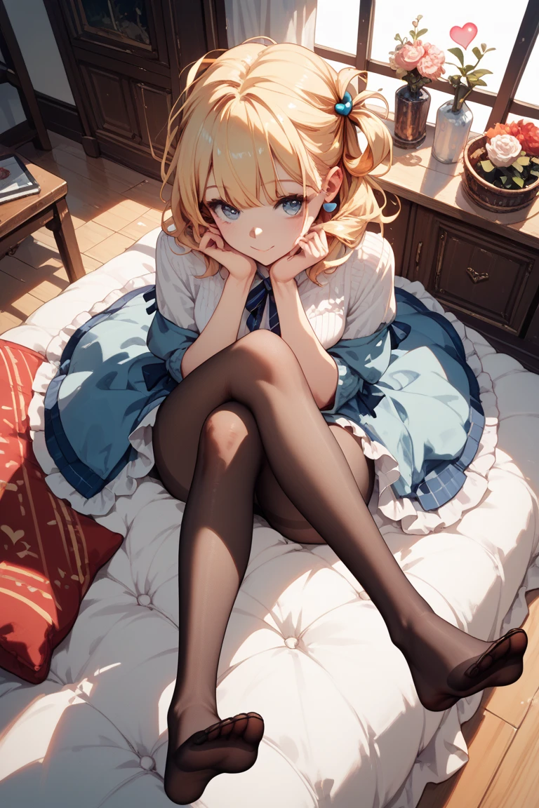 1 girl, masterpiece, best quality, Amazing, beautiful detailed eyes, finely detailed, depth of field, extremely detailed CG unity 8k wallpaper, full body, Hifumi (Blue Archive), halo, Default Clothes, Classroom, smile ,blush, wind, teenage, Looking at viewer, sitting, window.