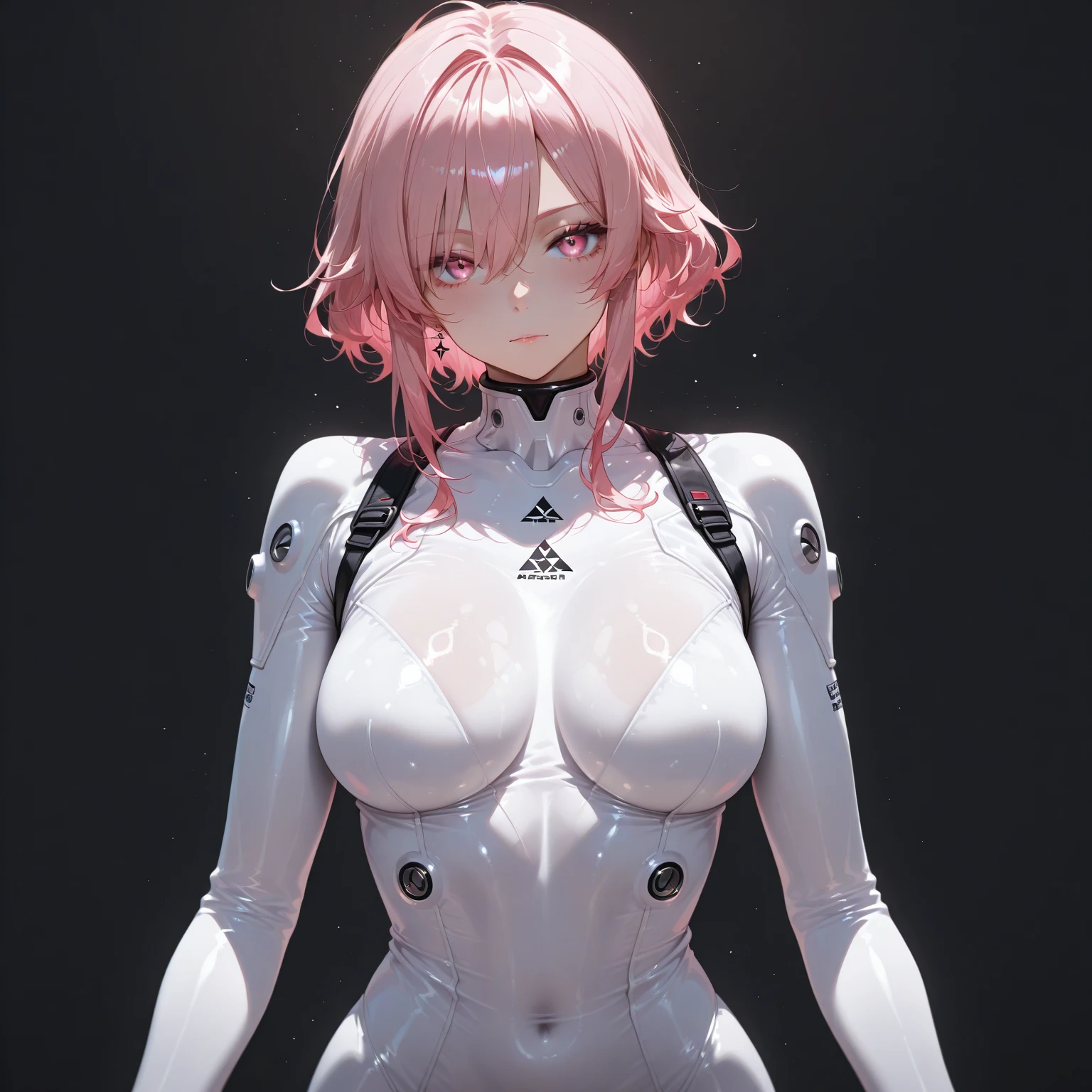 ((of the highest quality)), ((master piece)), (detail:1.4), Translucent white material with mechanical parts and transparent skin, Beautiful woman in cyber bodysuit made of gray carbon material, Glowing pale with LEDs, (Wide open chest), Ticker (High dynamic range), Ray tracing, NVIDIA RTX, Super Resolution, Subsurface Scattering PBR Texturing, Post-processing, Anisotropy Filtering, depth of fields, Surface Shading, Accurate simulation of light/Material Interactions, perfectly proportions, Two-tone lighting, Wide aperture, Low ISO, White Balance, 8K, NSFW, (((cyber mouth masker))), 25 year old woman, Cyber headgear with dull glowing LEDs, knee high, Dull bangs beautiful short hair, ((Cyber hood with dull glowing LEDs)), beautiful short pink hair, Skin of the hips and thighs, Beautiful body, Chest to feel gravity, (Medium breasts: 1.0), Simple and minimalistic space, Natural sexy poses, Looking down, steel mouth masker