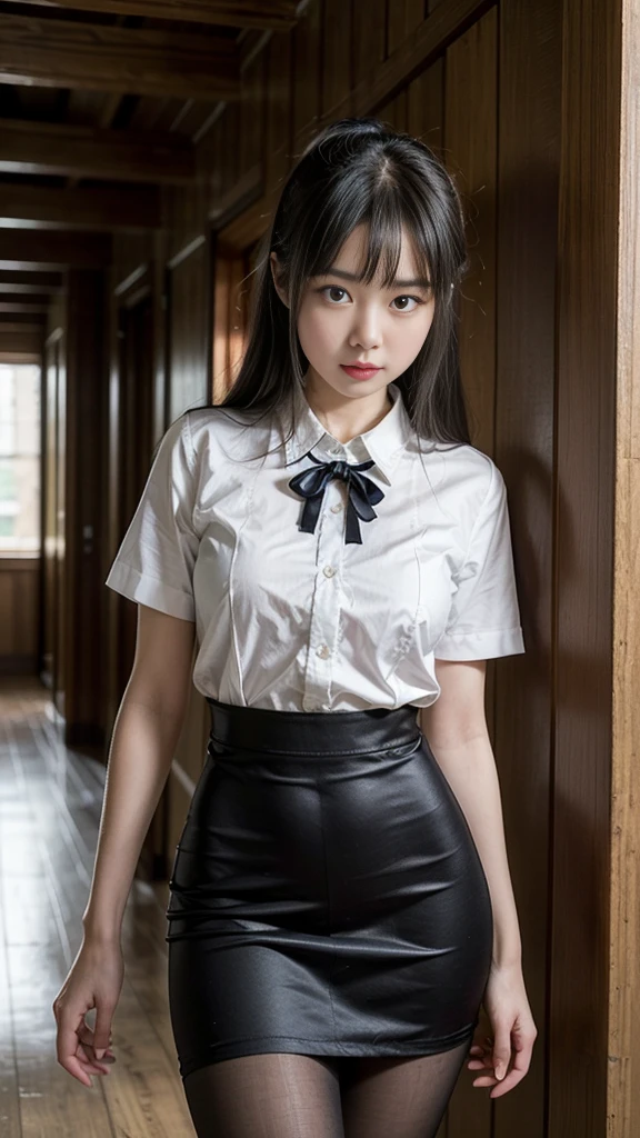 8k, Raw photo, Highest quality, masterpiece:1.2), masterpiece, Highest quality, figure, Very detailed, Fine details, High resolution, 8k,wallpaper, Perfect dynamic composition,(Detailed high quality, Realistic depiction of eyes:1.3)、A woman who has been kidnapped and has her hands tied、Arms wrapped around his back, hands tie behind bacｋ, Inside a beautiful hotel room at night、Sitting in a chair、Outside the window is a night view、((( With legs apart、Her white panties are visible between her skirt and legs.)))、(((Short sleeve blouse、mini skirt)))、whole body、The whole thing faces forward、21 years old、I am a TV personality.、Beauty、Well-formed face、Make your eyes even、Beautiful black hair、Has bangs、Small face、Well-balanced proportions、Beautiful legs、Fresh face、Beautiful scenery、(((Viewers gaze forward)))、
