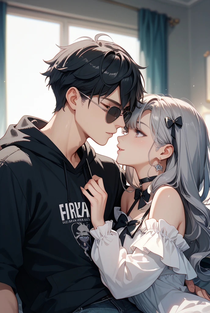 A boy and a girl, a couple happy hugging eachother, a 17 year old girl with long snow white hair, big violet eyes, plump cheeks, a sharp jaw, luscious lips, a muscularly lean short body with defined legs and arms and a v taper, big nicely shaped breasts, a slim waist, wearing a big baggy black hoodie and white shorts and one 17 year old boy with a tall muscularly lean body with huge pronators and strong shoulders, messy curly black hair, sharp red eyes, a sharp face and most stitches on the sides of his mouth seemingly holding his upper and lower jaw, wearing a black jacket and black sweatpants.
