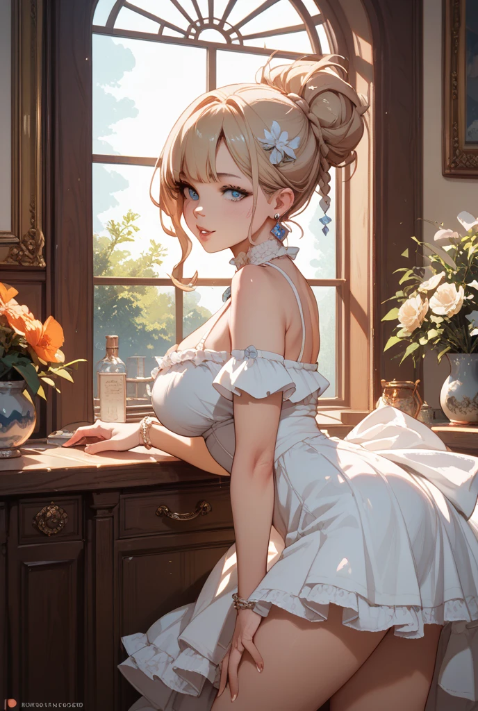 (detailed light), (an extremely delicate and beautiful), (1 girl holdding vase and flower)
(cowboy shot:1.3)
(from side:1.25), (1 loli:1.2), grey hair, (messy braid ponytail), (wearing old ripped dress), (long grey dress), frills, (Smile, hope, sunshine:1.2), (solo), (blue eyes:1.2), (Detailed beautiful eyes, lively eyes), (sitting), table
volume light, best shadow, flash, Depth of field, dynamic angle, Oily skin
(looking at vase), (1 Detailed vase), (red flower inside of vase), (Detailed and beautiful), (Holdding vase)
(outdoors, Earthquake debris, cracked ground, collapsed houses in the distance, grey sky, smoky)