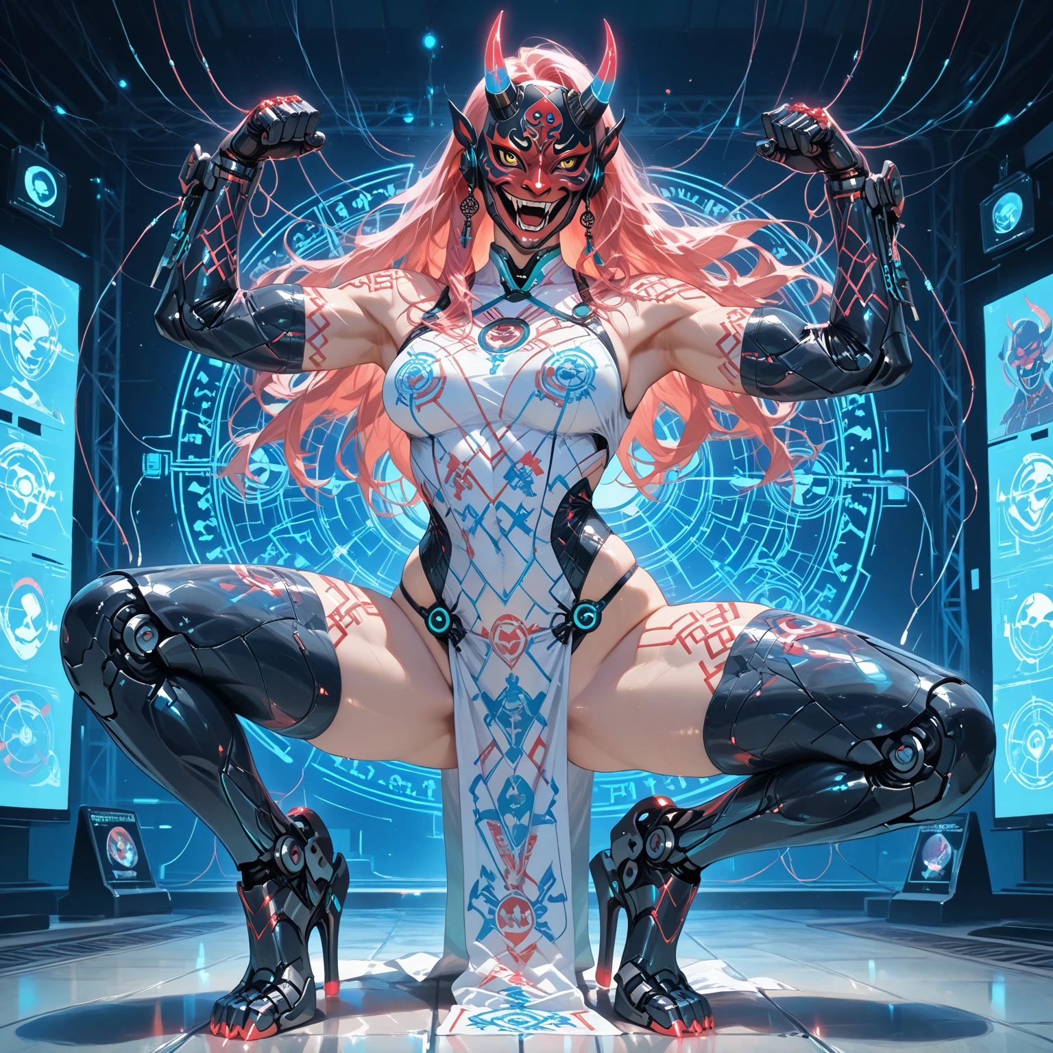 Dark and damp basement,Glamorous gentleman neon nightclub,Queen Lilith,Crystal silicone protective pad,A masterpiece of gray matter ceramic statues,Noble and beautiful elven priestess,The chest is bloated,Slender legs,Samus,Rose gold ponytail,Stone bench,facing at camera,NFSW,Transparent fabric,Light-colored silicone tights