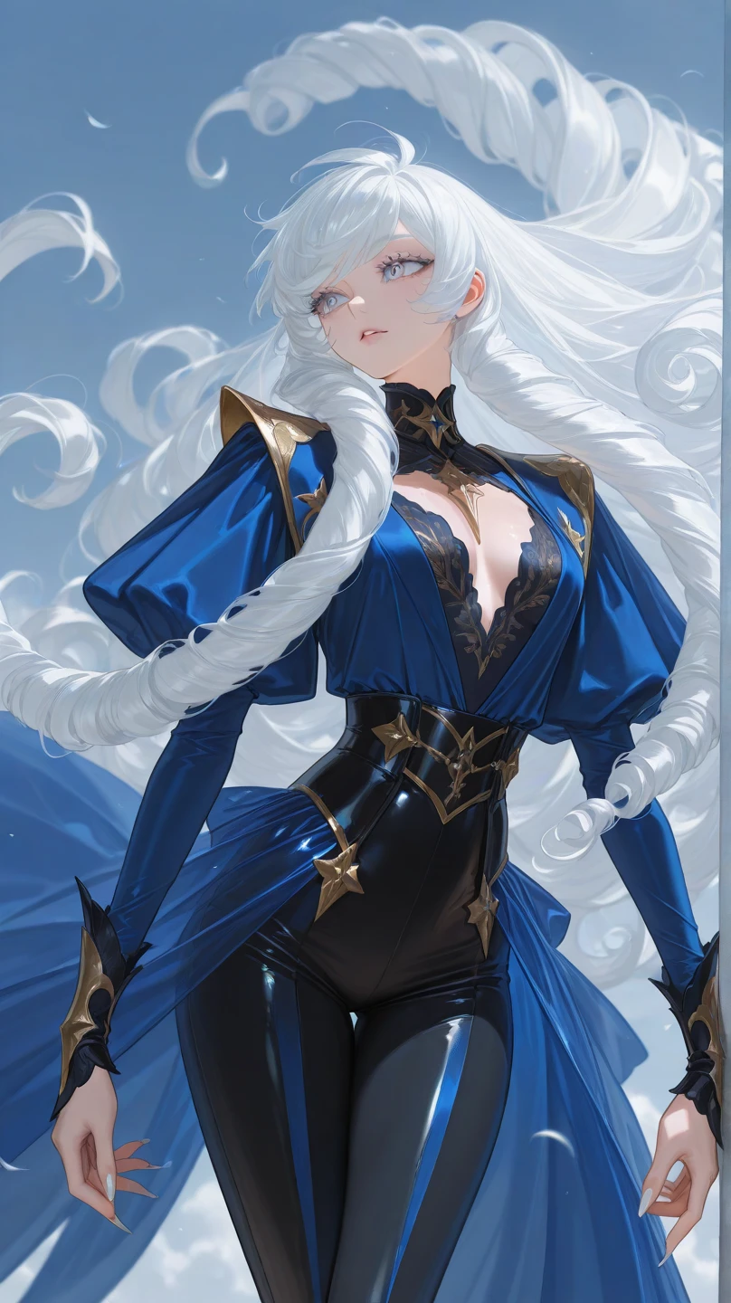 Dnd Woman, blue long hair, wavy, big beautiful silver eyes, Provocative clothing, A challenging woman, a fairy warrior, with shiny big wings, with a magical atmosphere In the forest