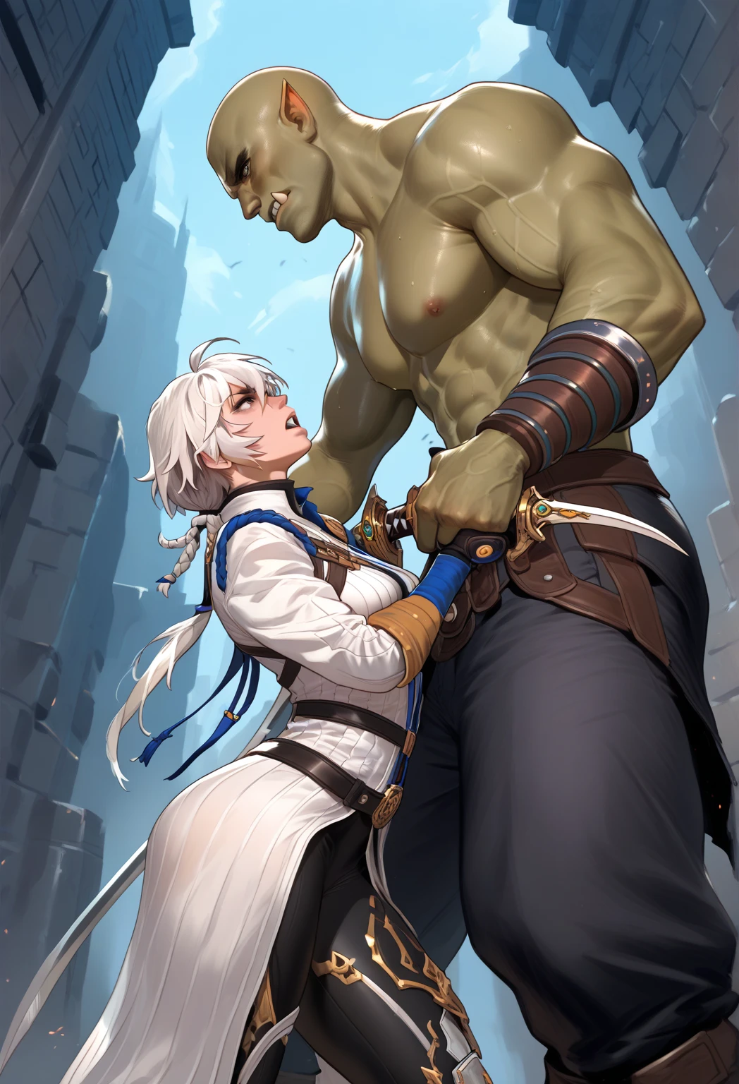 Furry、Cat boy fighting an orc、Brave、Blue Cape、Holding a sword、Silver Circlet、leather bag、From the side view、battlefield