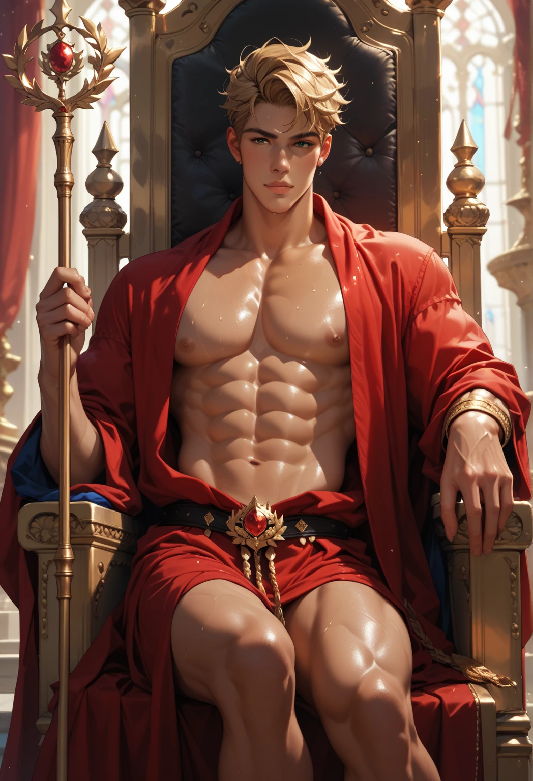HD quality, high definition, male 18 years old handsome prince, muscular and slim, red lips, leaning against royal throne, naked with exposed vagina, model with bracelets, earrings and Necklace, wearing a royal cape, with shoes and a crown on his head.