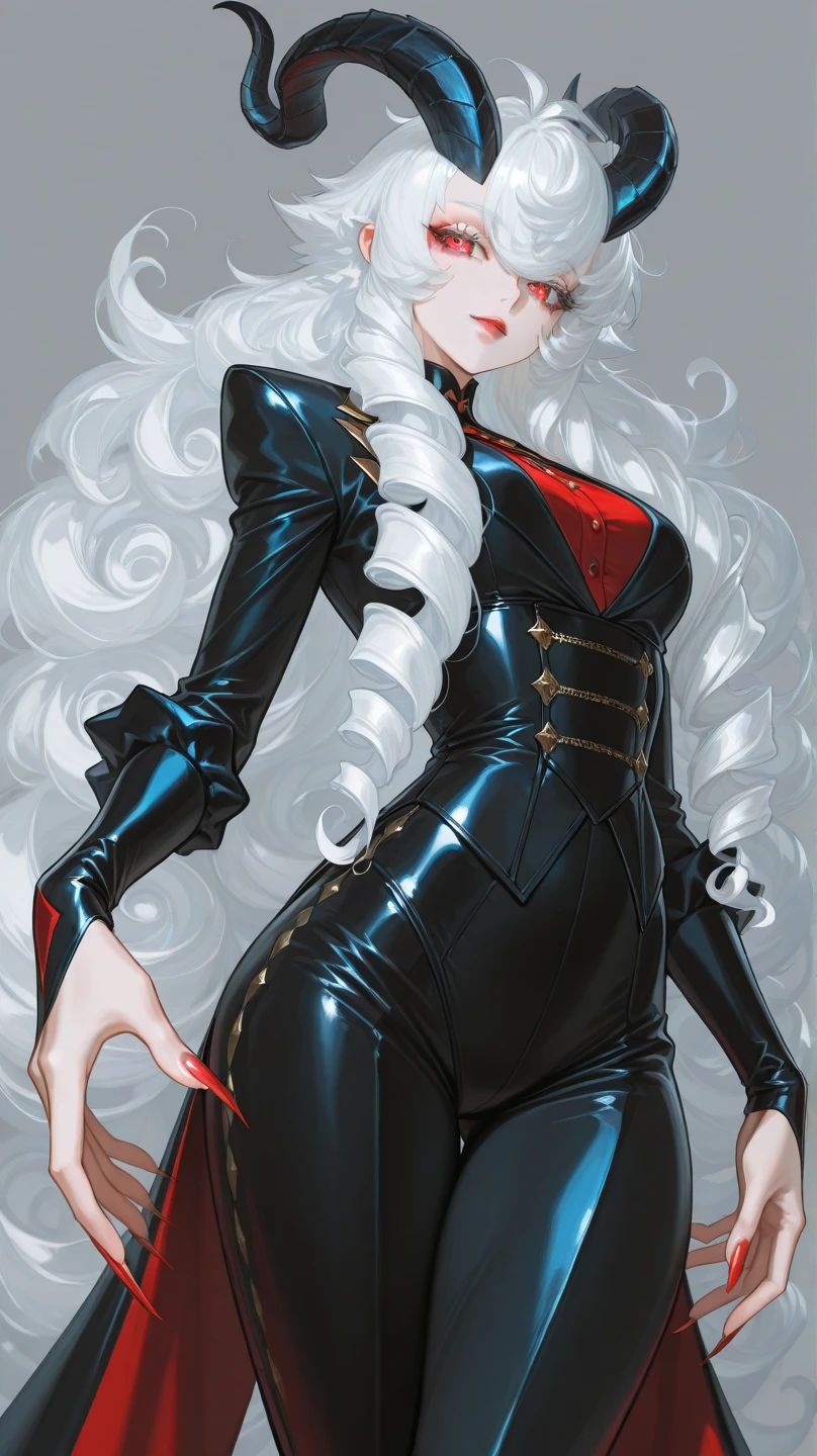 Woman, big hair, Hat, sinister grin, full body pose, villain, lipstick 